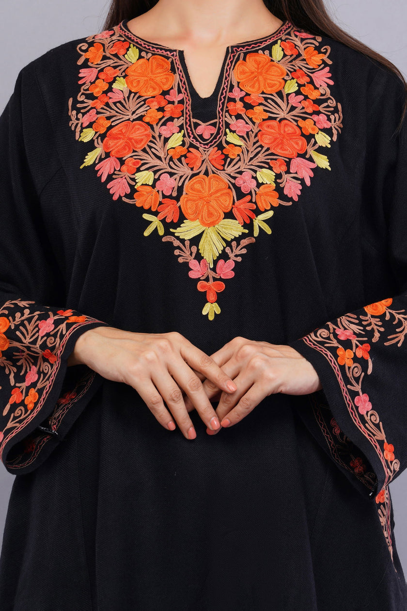 Black Poshkaar Design Aari Embroidered Pheran - Kashmiri Pheran