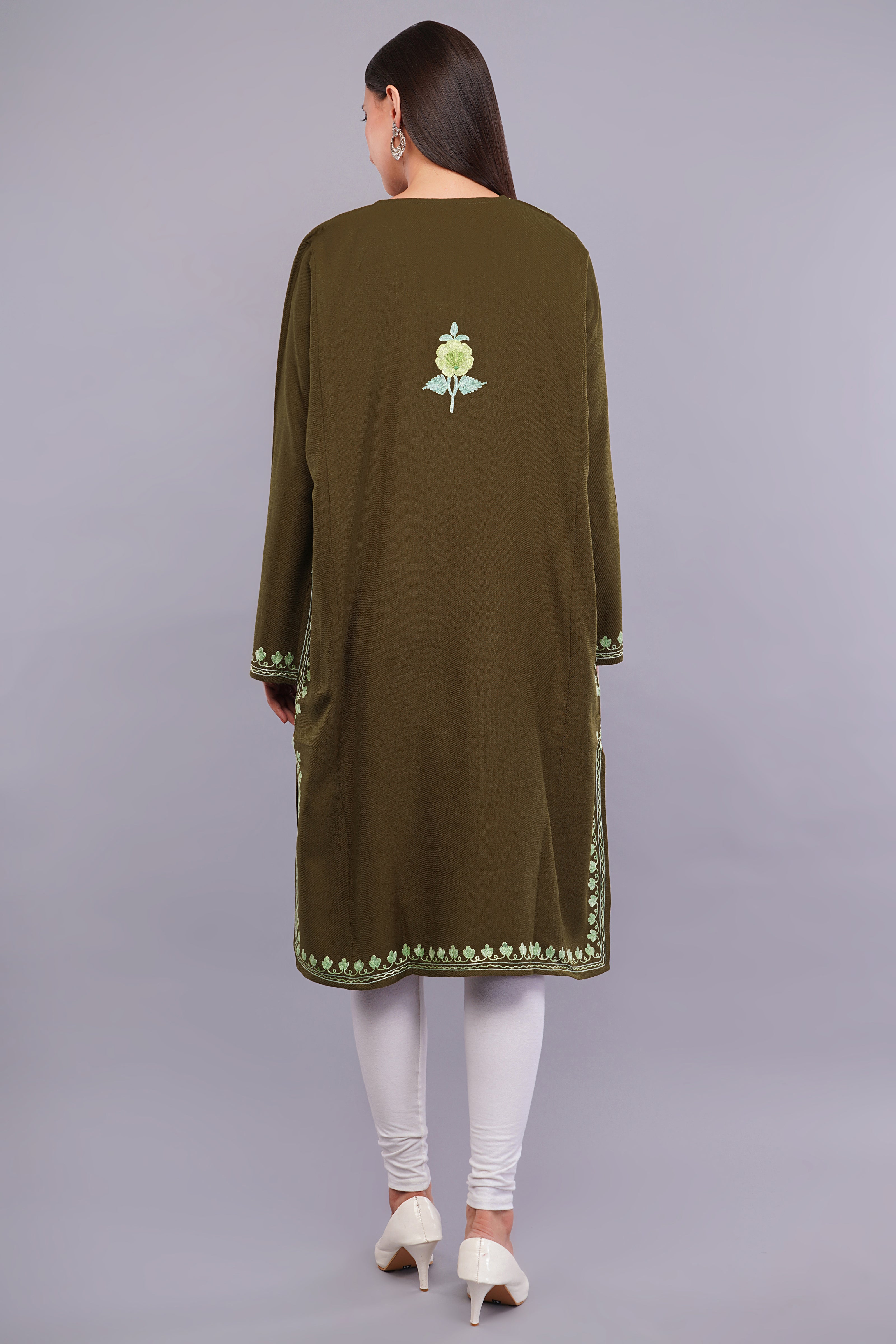 Brown Tumbleweed Pheran with Light Olive and Telish Green Aari Embroidery