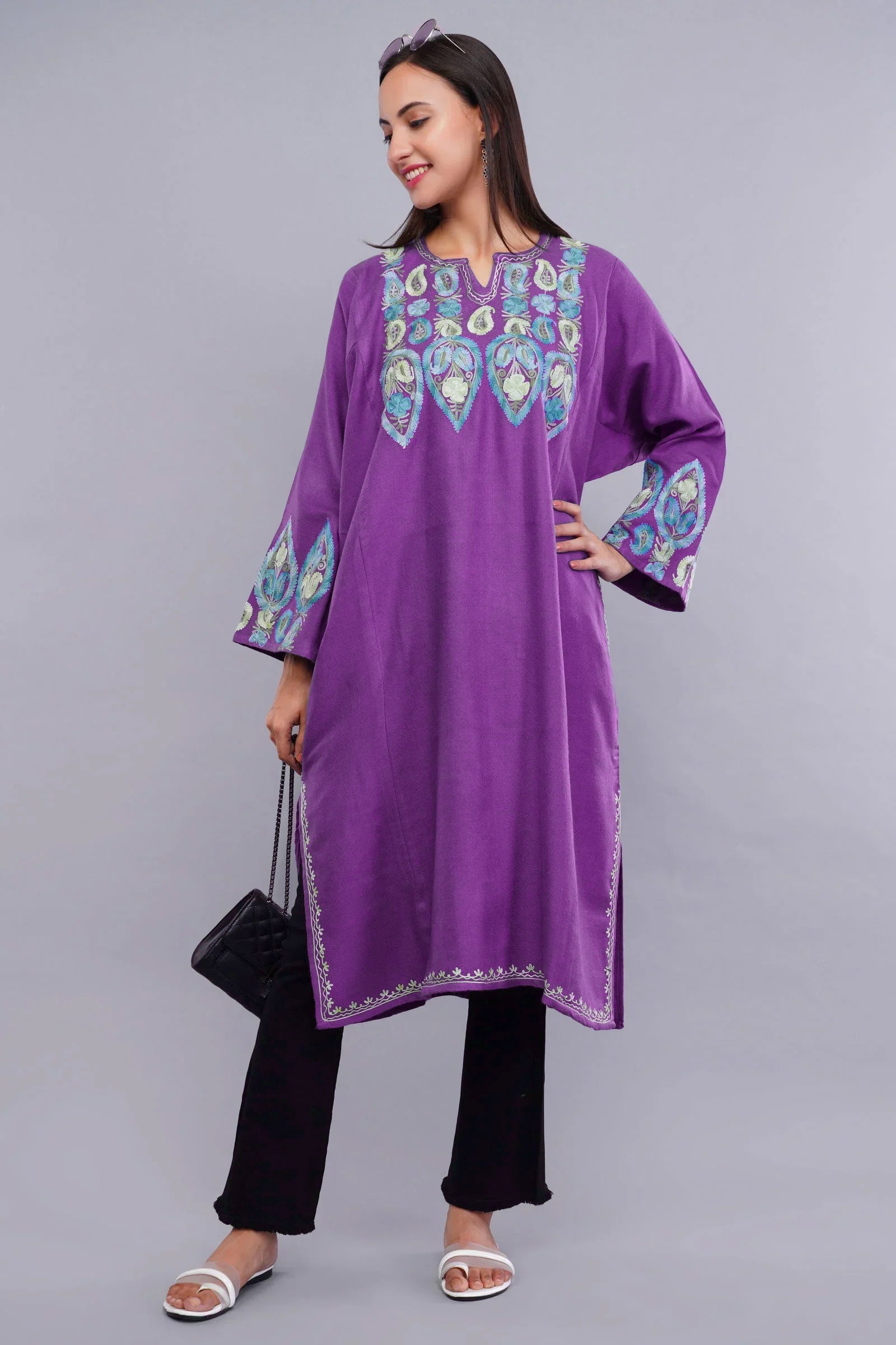 Purple Pheran with Pastel Blue Aari Paisleys & Floral Vines Embroidery