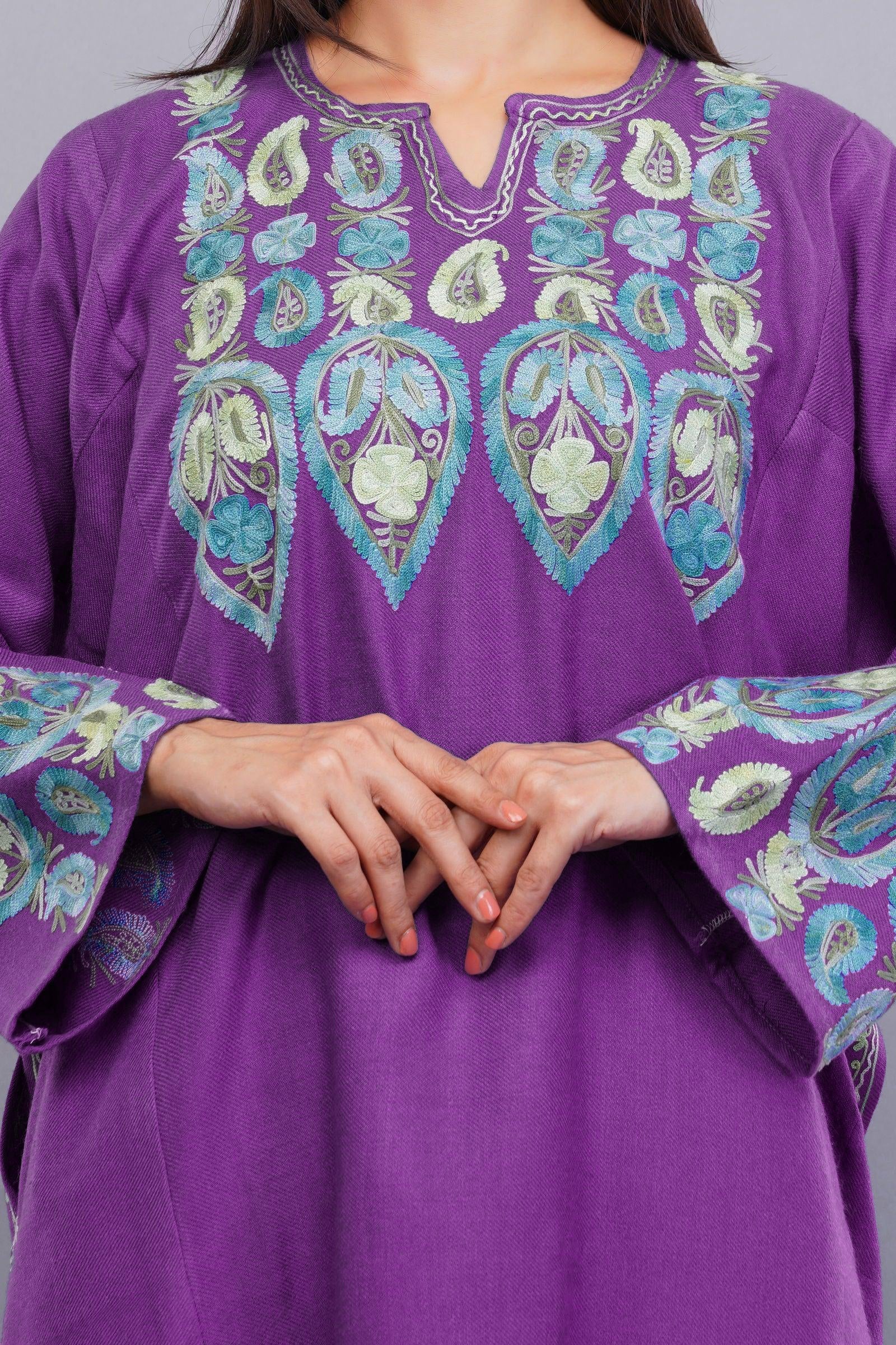 Purple Pheran with Pastel Blue Aari Paisleys & Floral Vines Embroidery