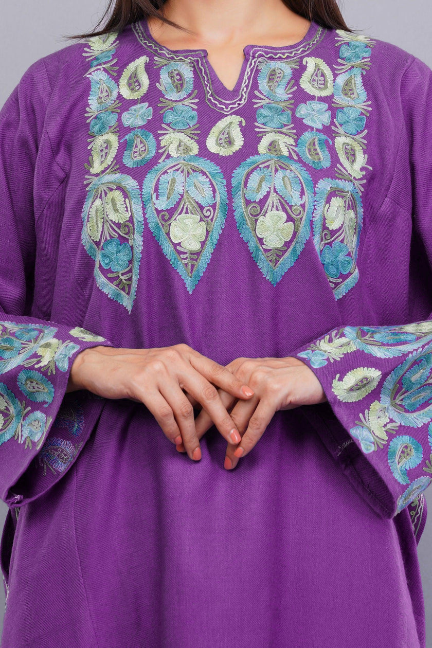 Purple Pheran with Pastel Blue Aari Paisleys & Floral Vines Embroidery