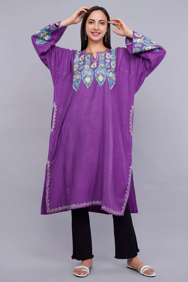 Purple Pheran with Pastel Blue Aari Paisleys & Floral Vines Embroidery