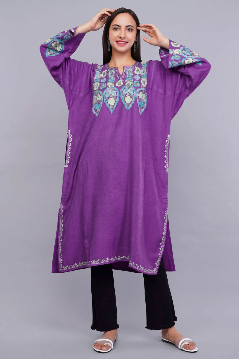 Purple Pheran with Pastel Blue Aari Paisleys & Floral Vines Embroidery