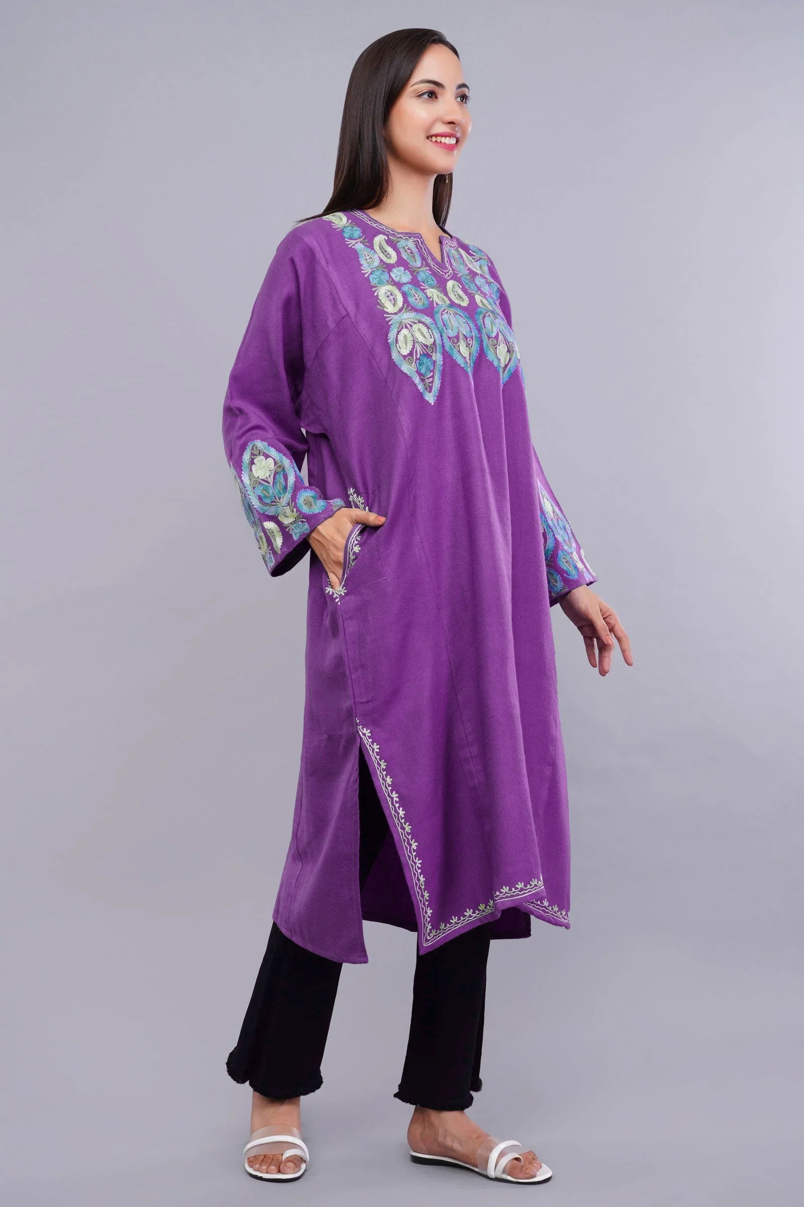 Purple Pheran with Pastel Blue Aari Paisleys & Floral Vines Embroidery