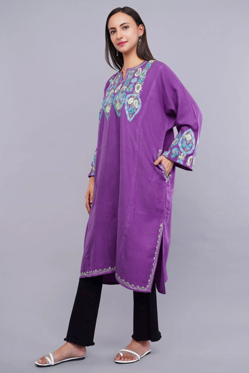 Purple Pheran with Pastel Blue Aari Paisleys & Floral Vines Embroidery