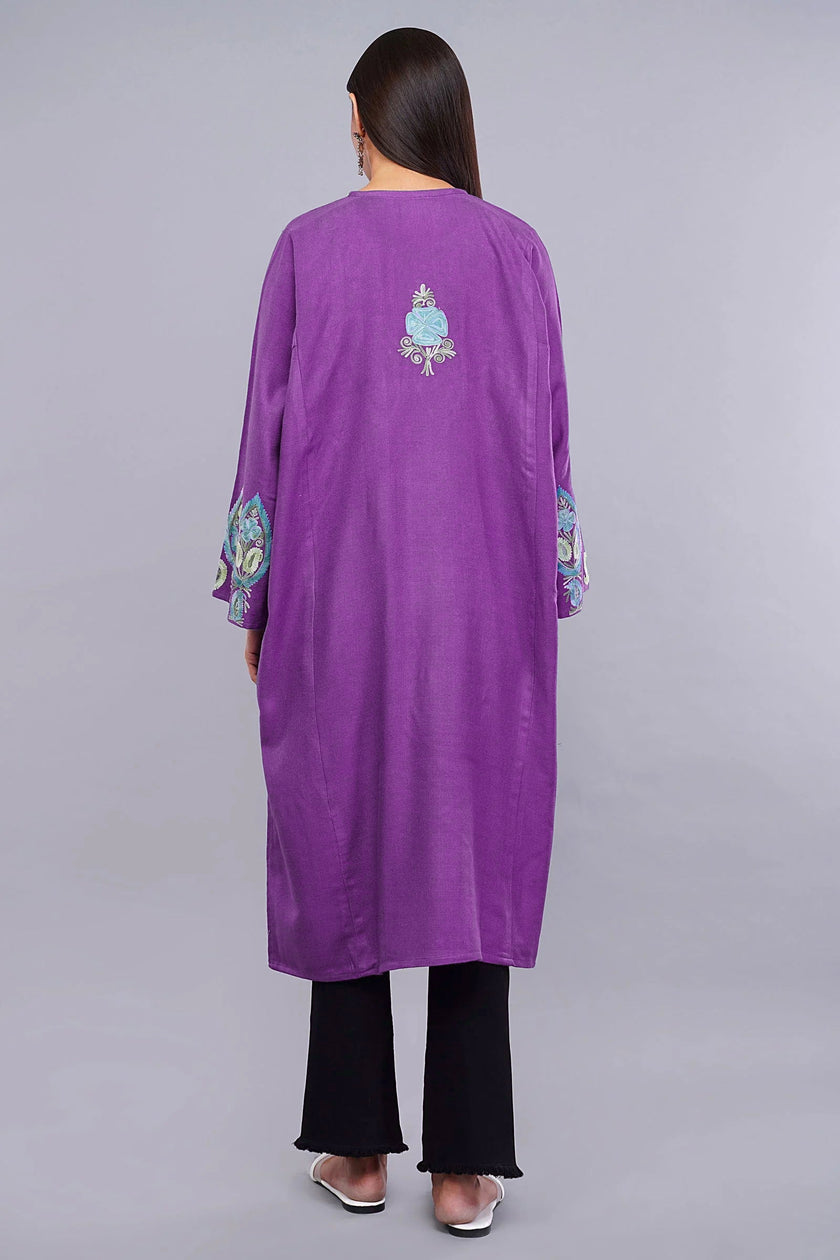 Purple Pheran with Pastel Blue Aari Paisleys & Floral Vines Embroidery