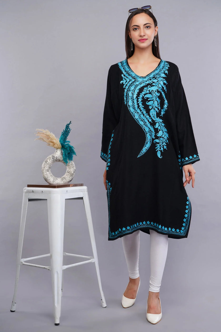Black Pheran with Bluish Cyan Paisley Aari Embroidery - Kashmiri Pheran
