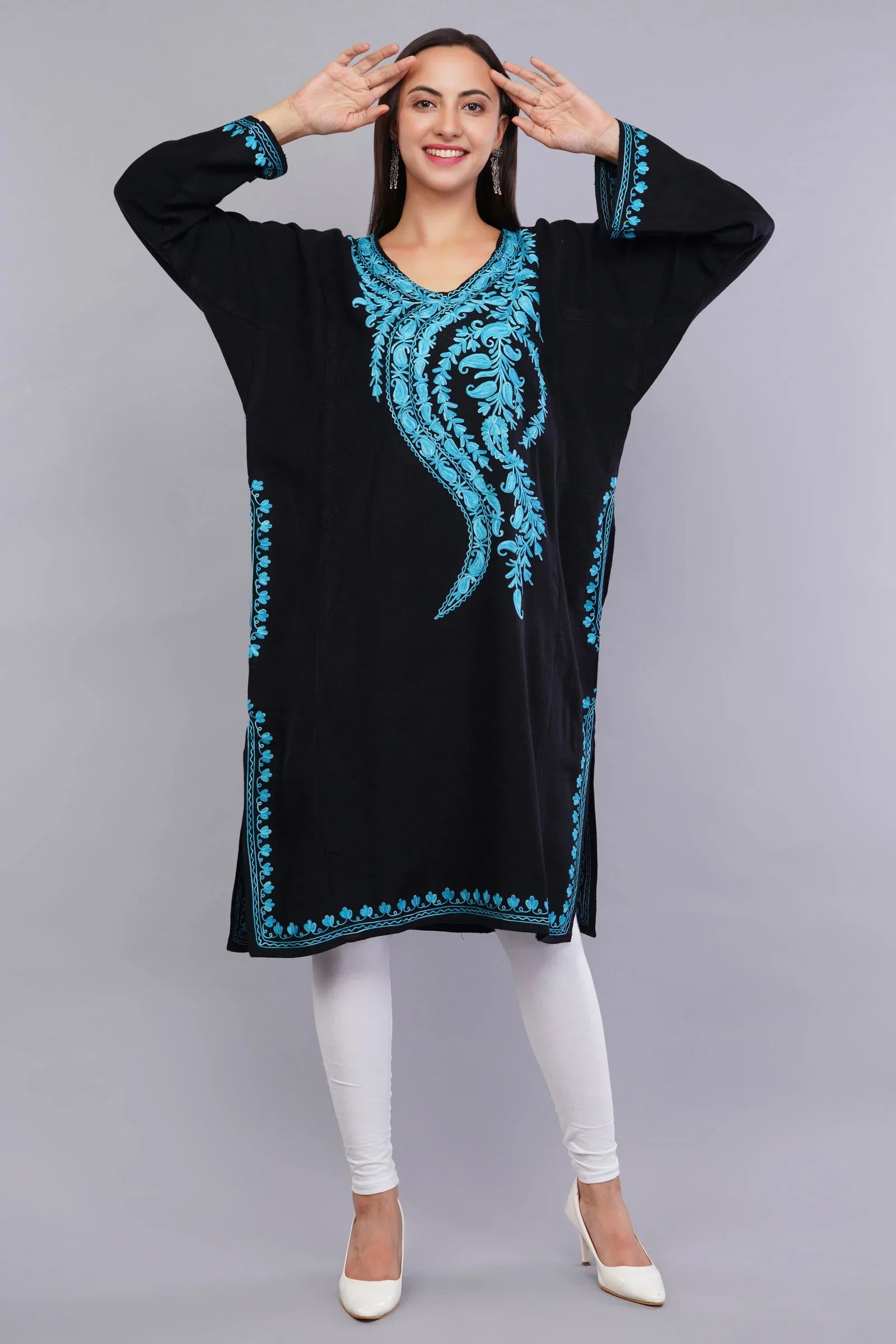 Black Pheran with Bluish Cyan Paisley Aari Embroidery - Kashmiri Pheran