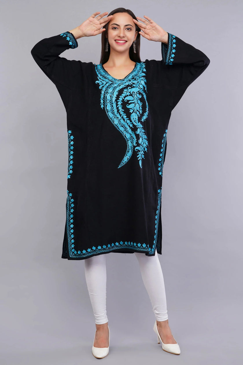 Black Pheran with Bluish Cyan Paisley Aari Embroidery - Kashmiri Pheran