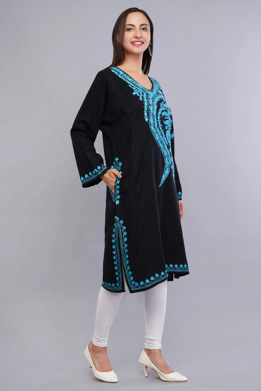 Black Pheran with Bluish Cyan Paisley Aari Embroidery - Kashmiri Pheran