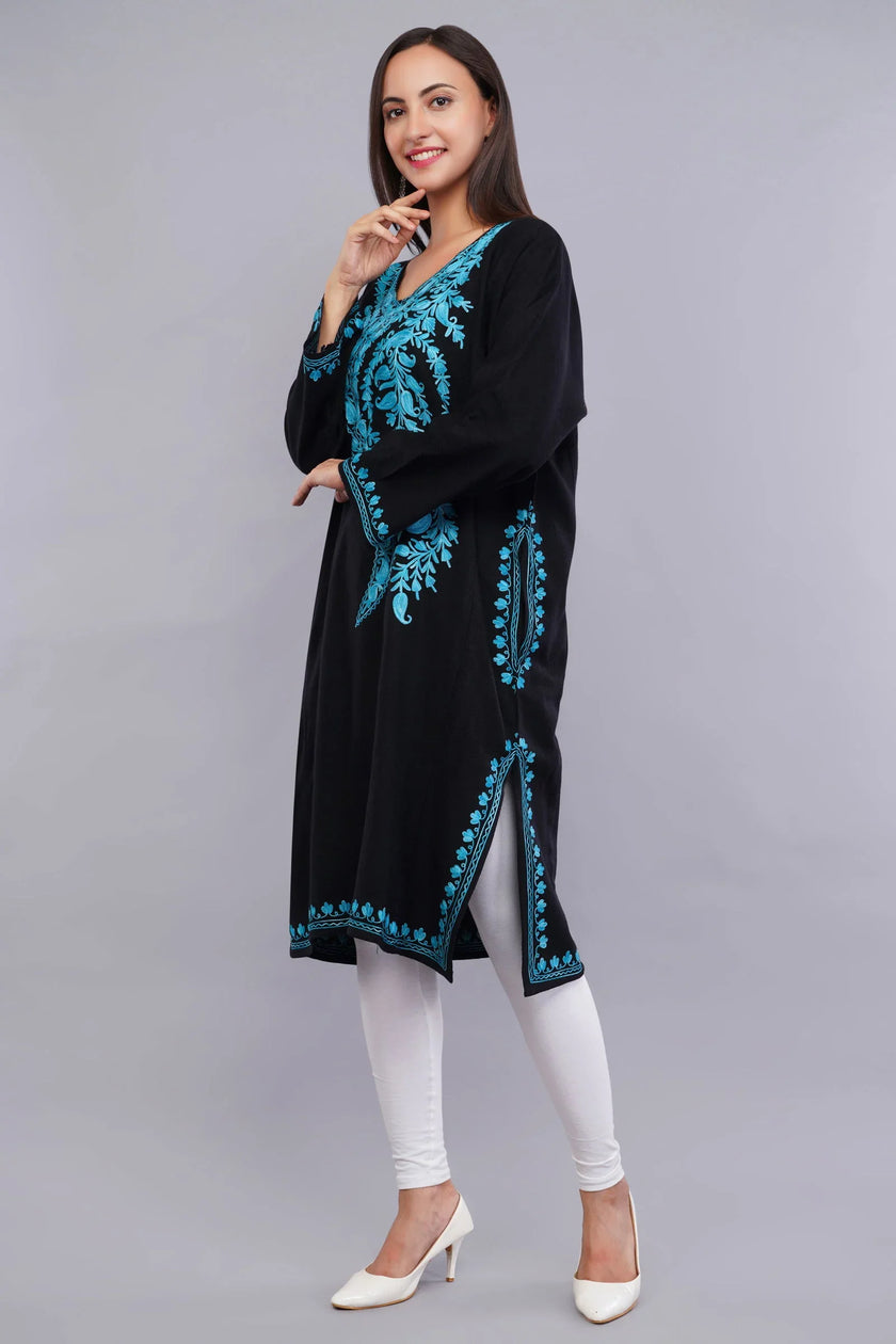 Black Pheran with Bluish Cyan Paisley Aari Embroidery - Kashmiri Pheran