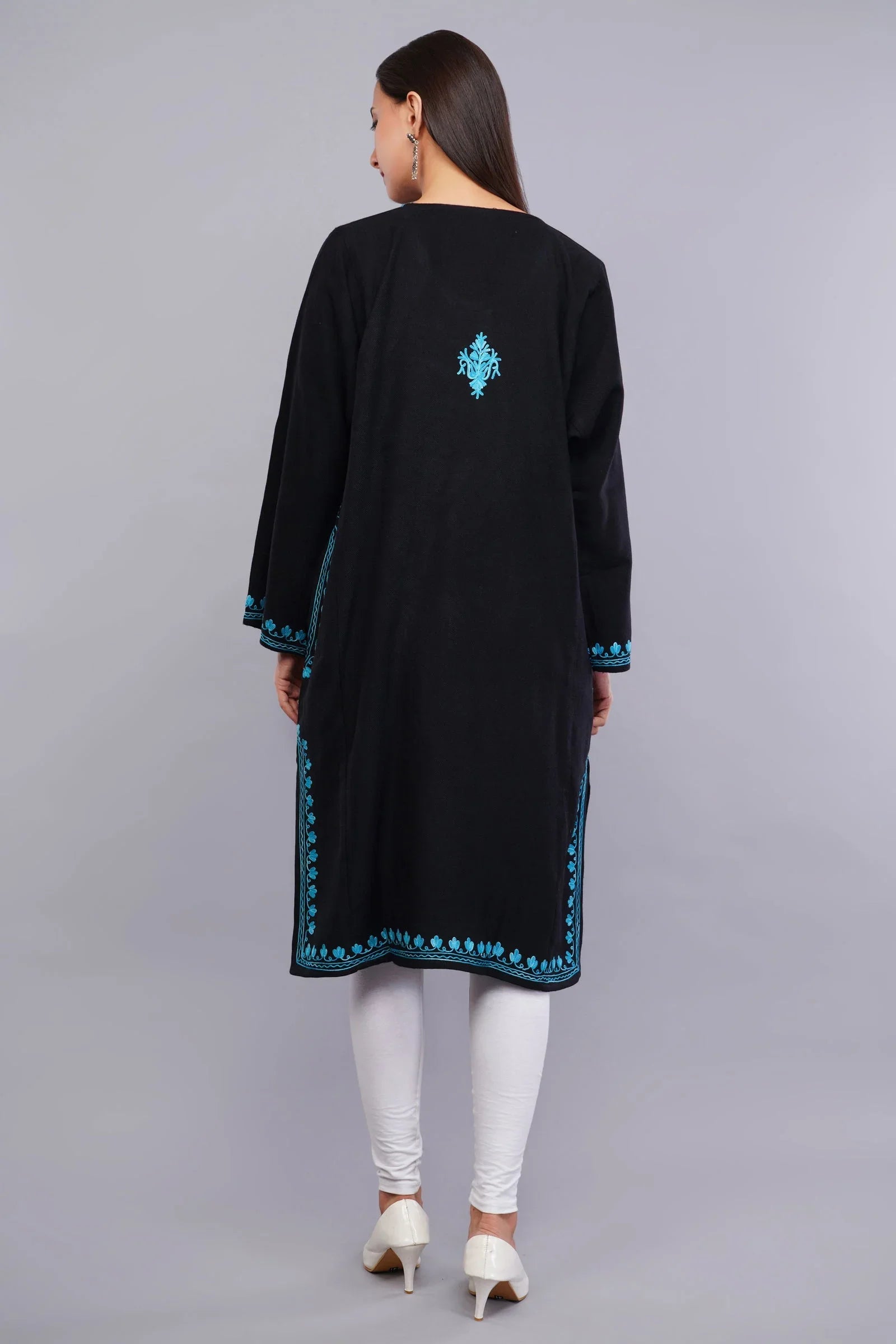 Black Pheran with Bluish Cyan Paisley Aari Embroidery - Kashmiri Pheran