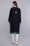 Black Pheran with Bluish Cyan Paisley Aari Embroidery - Kashmiri Pheran