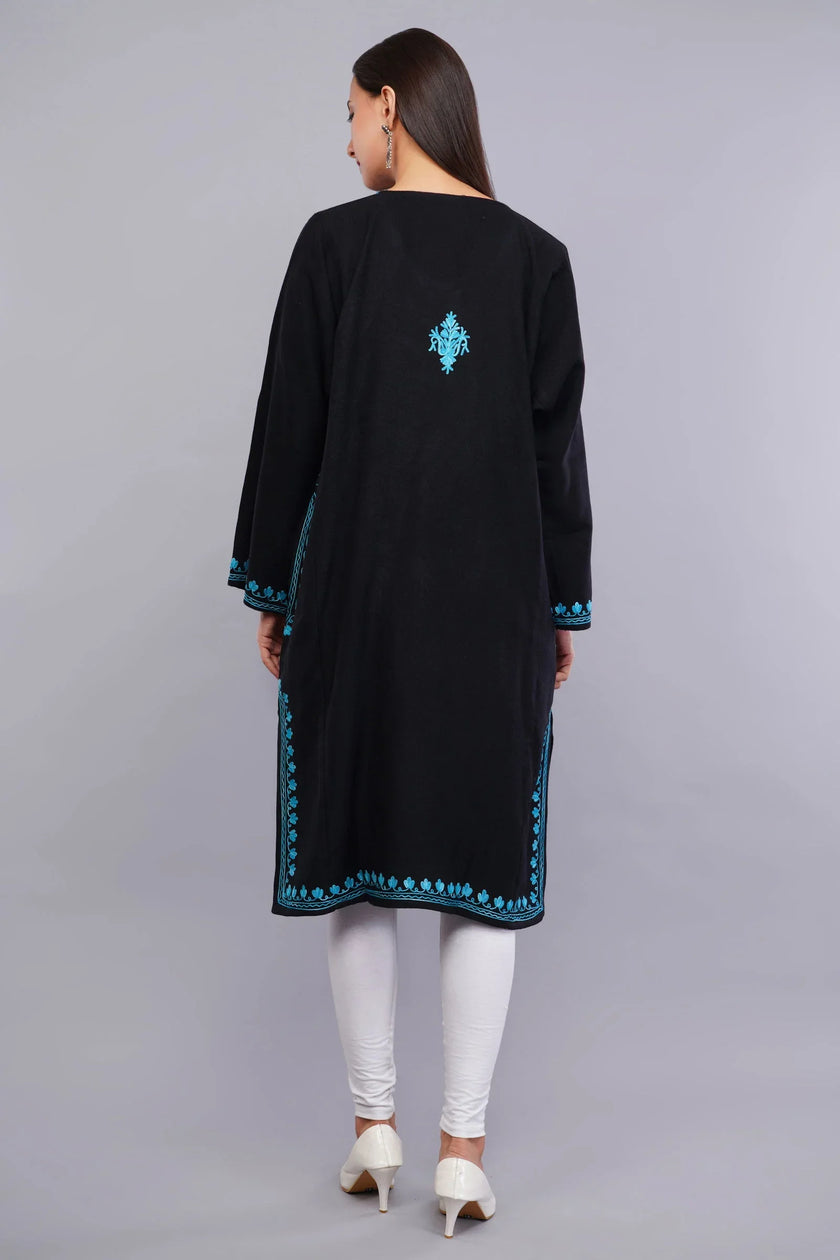 Black Pheran with Bluish Cyan Paisley Aari Embroidery - Kashmiri Pheran