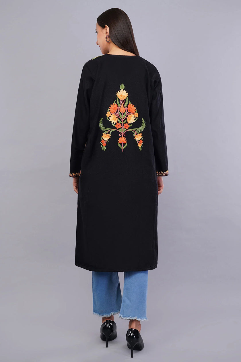 Black Pheran with Floral Poshkaar Design Aari Embroidery - Kashmiri Pheran