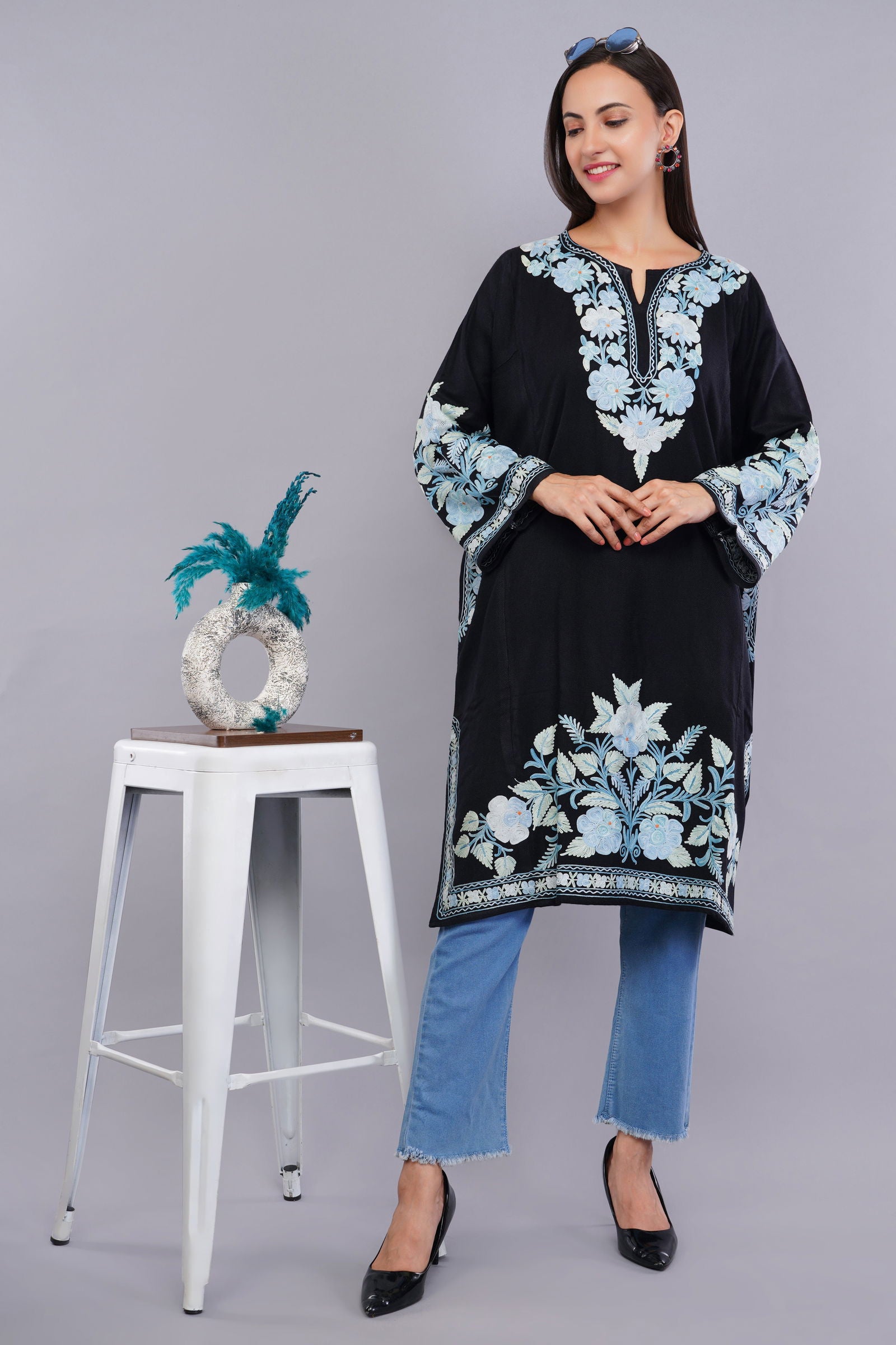 Black Pheran with Pale Aqua Floral Aari Embroidery - Kashmiri Pheran