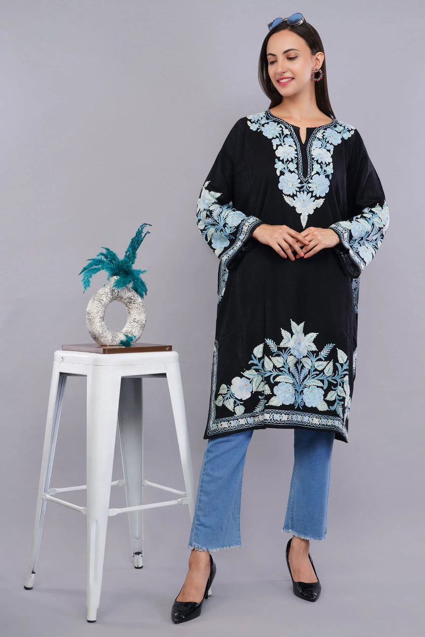 Black Pheran with Pale Aqua Floral Aari Embroidery - Kashmiri Pheran