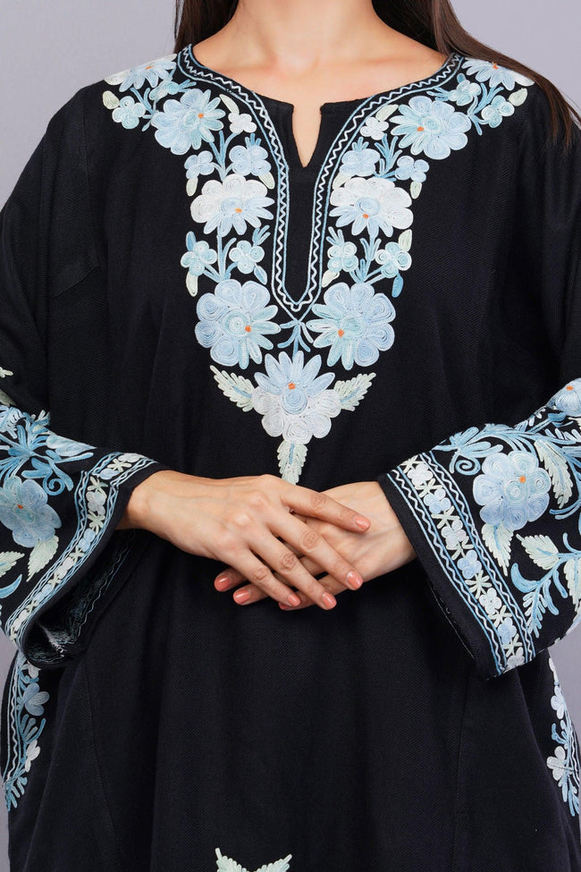 Black Pheran with Pale Aqua Floral Aari Embroidery - Kashmiri Pheran