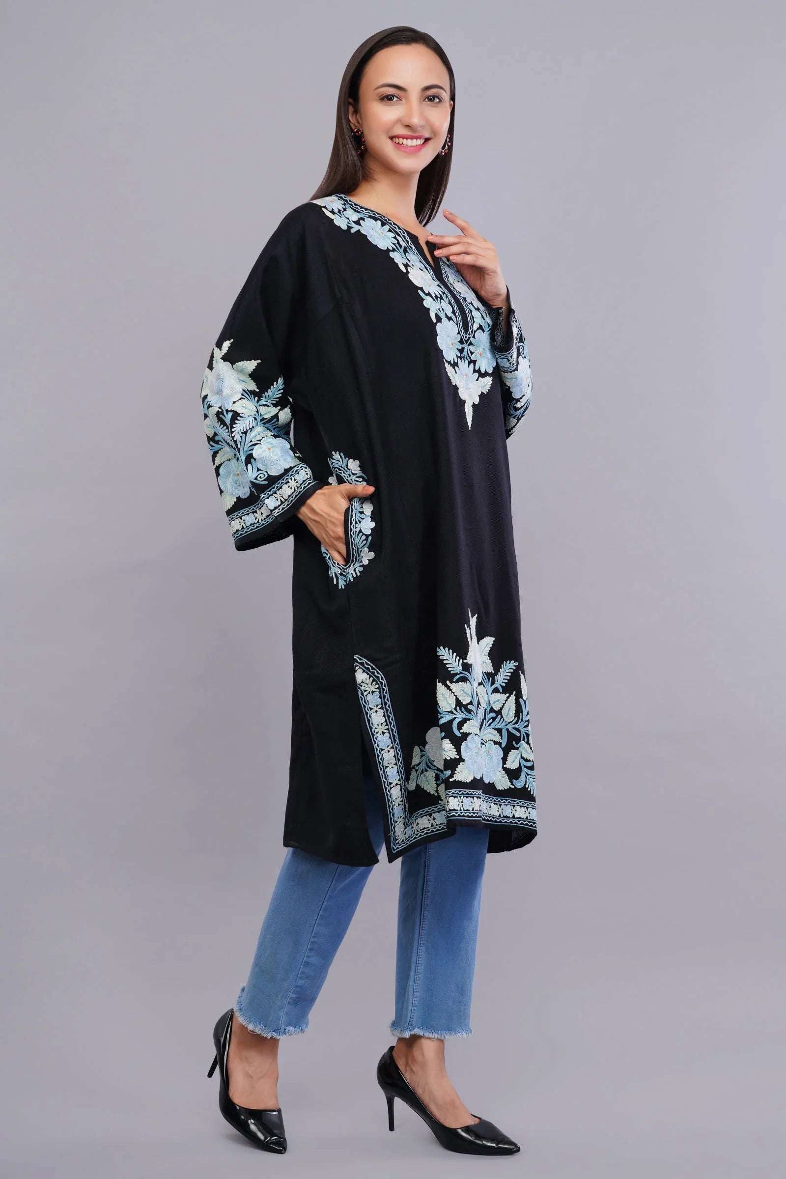 Black Pheran with Pale Aqua Floral Aari Embroidery - Kashmiri Pheran