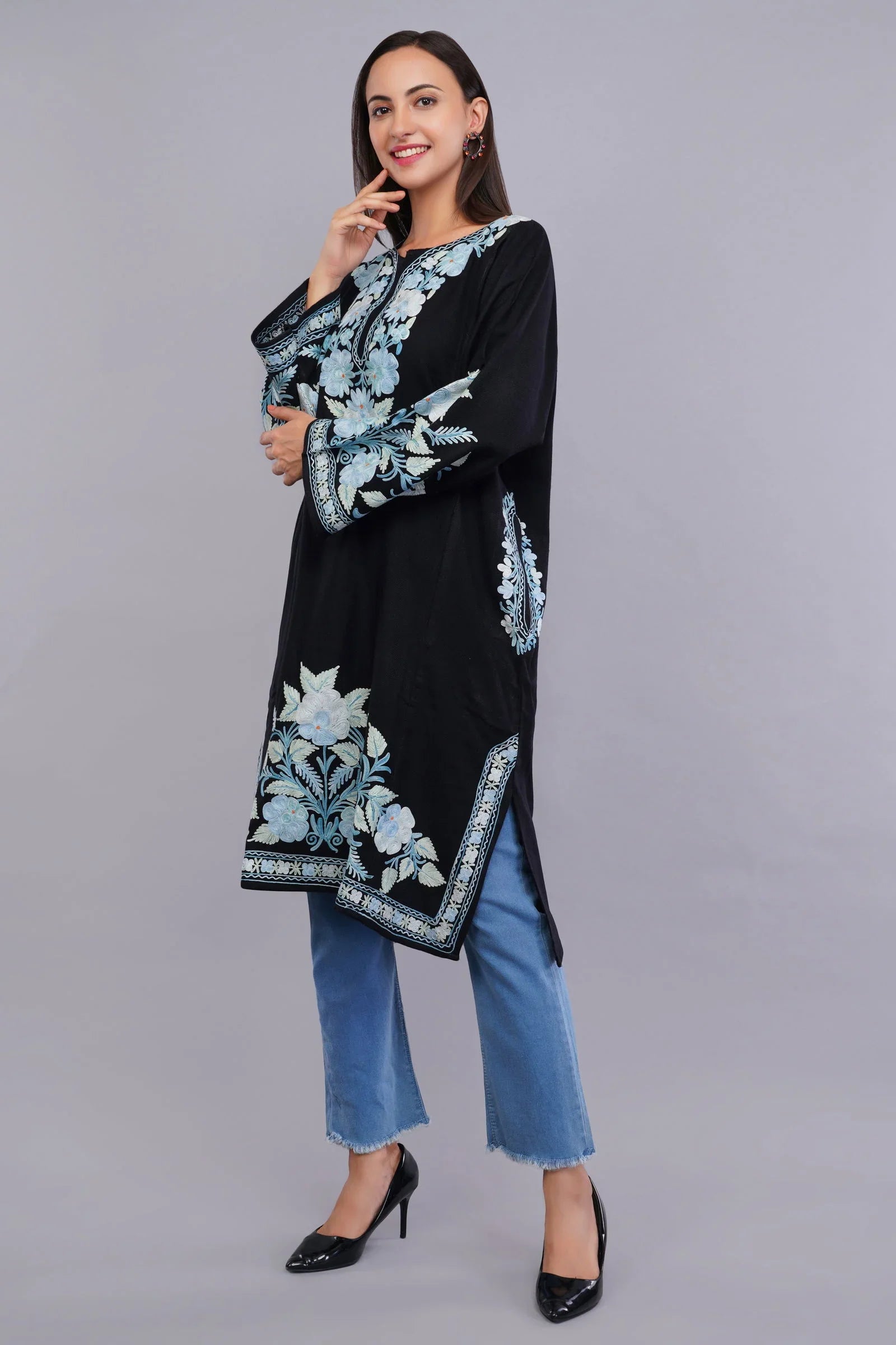 Black Pheran with Pale Aqua Floral Aari Embroidery - Kashmiri Pheran