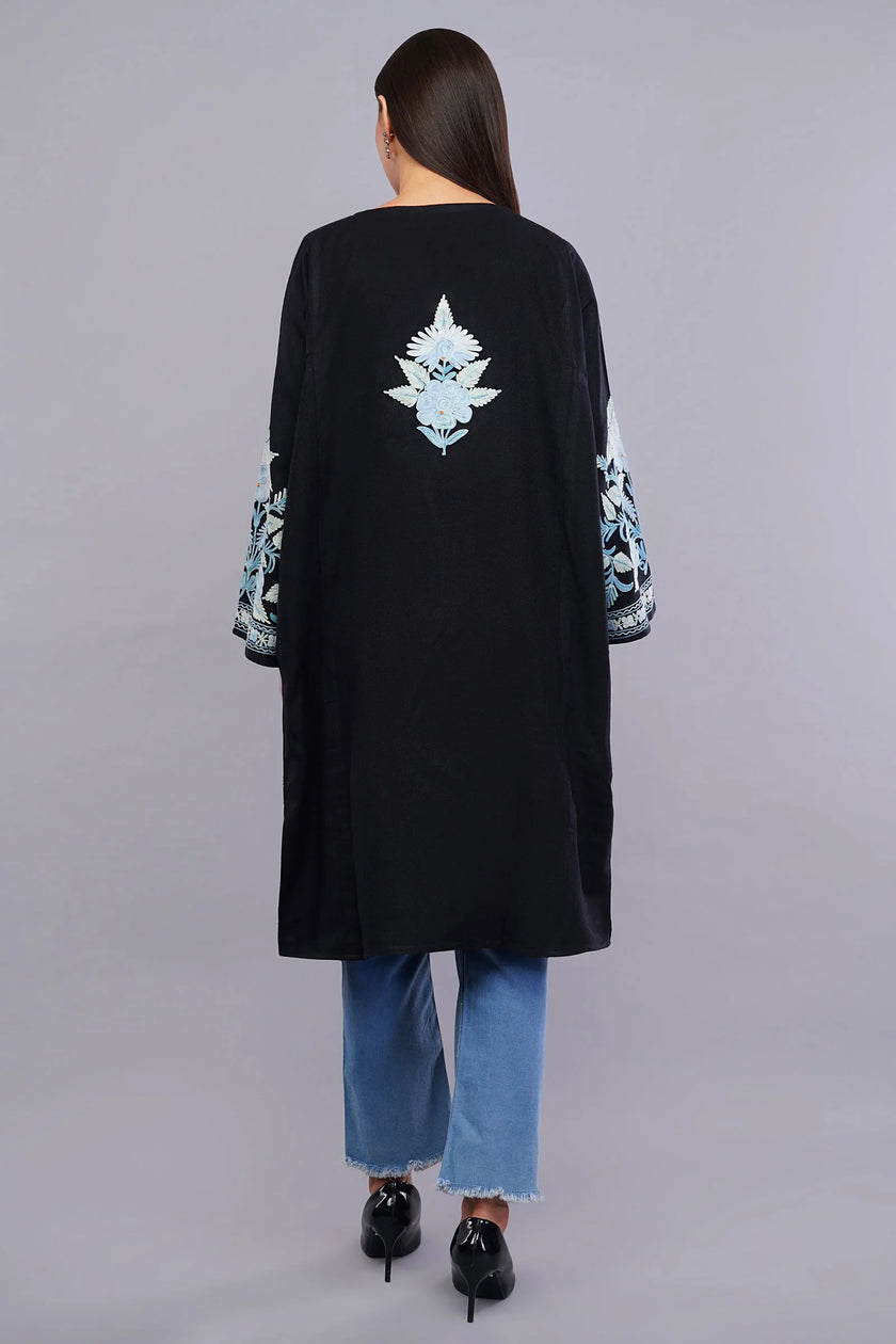 Black Pheran with Pale Aqua Floral Aari Embroidery - Kashmiri Pheran