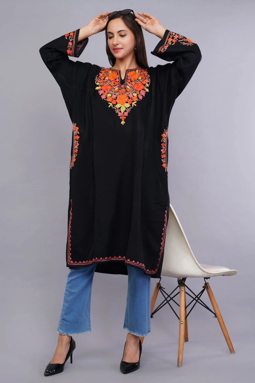 Black Poshkaar Design Aari Embroidered Pheran - Kashmiri Pheran
