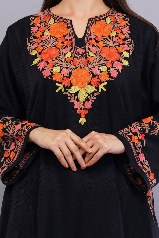 Black Poshkaar Design Aari Embroidered Pheran - Kashmiri Pheran