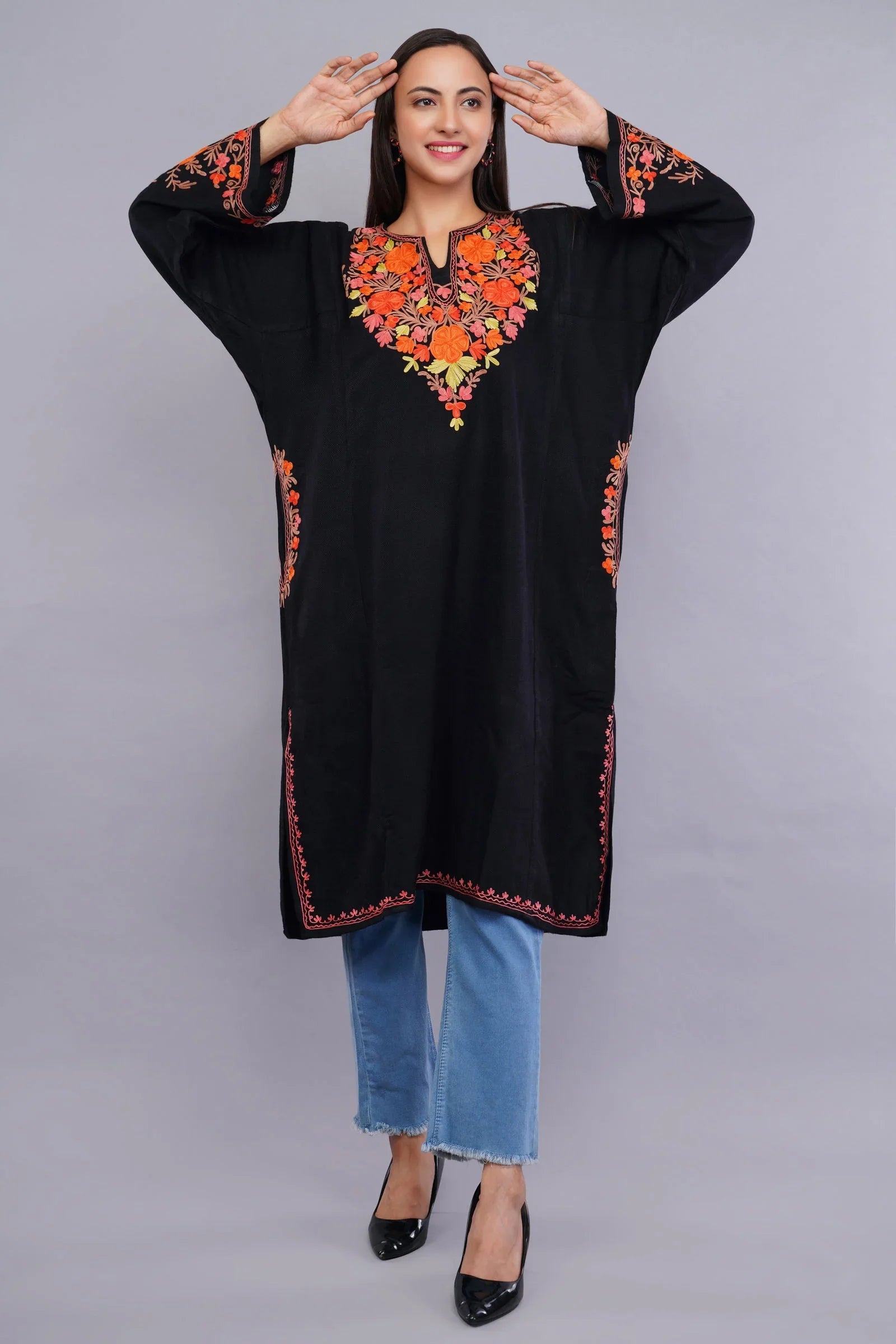 Black Poshkaar Design Aari Embroidered Pheran - Kashmiri Pheran