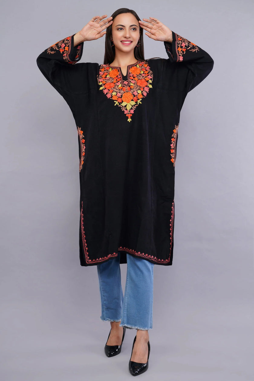 Black Poshkaar Design Aari Embroidered Pheran - Kashmiri Pheran