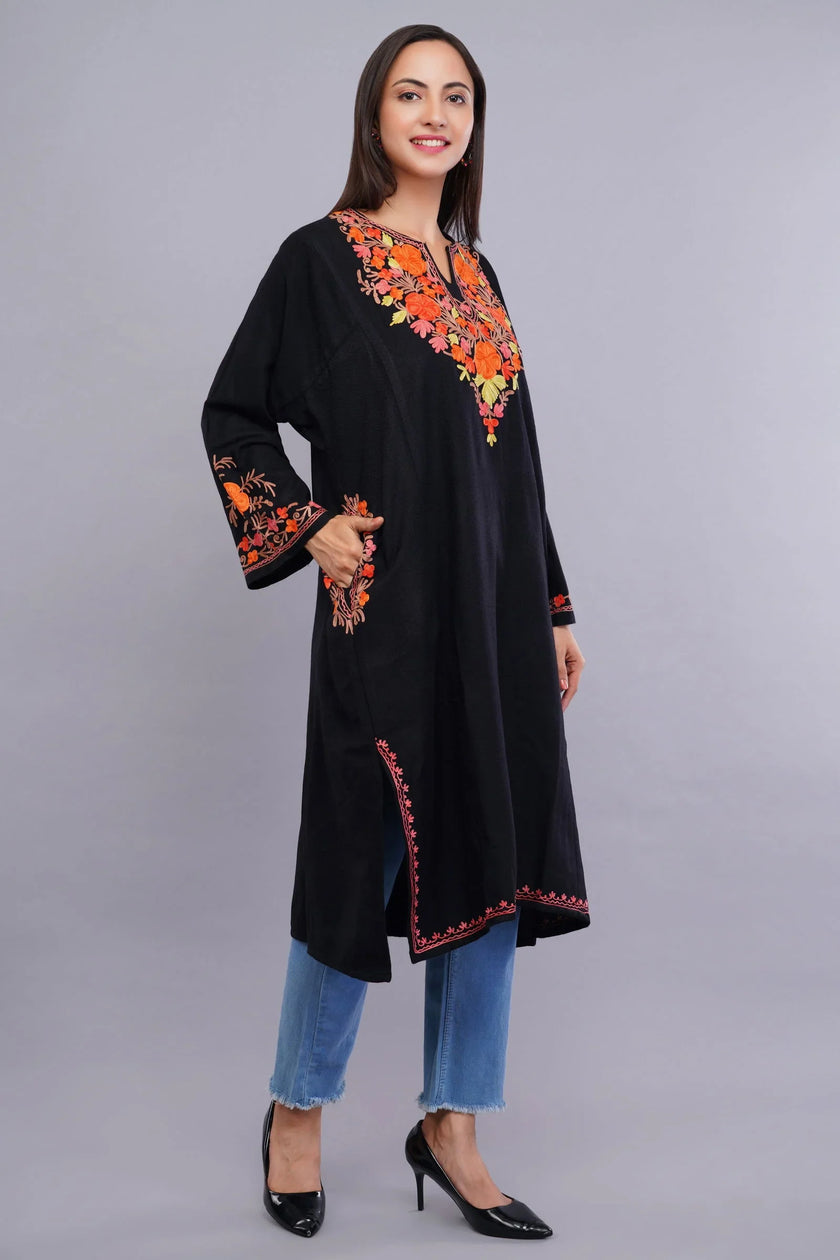 Black Poshkaar Design Aari Embroidered Pheran - Kashmiri Pheran