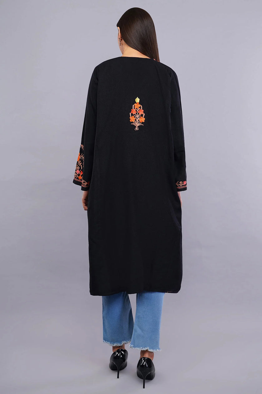 Black Poshkaar Design Aari Embroidered Pheran - Kashmiri Pheran