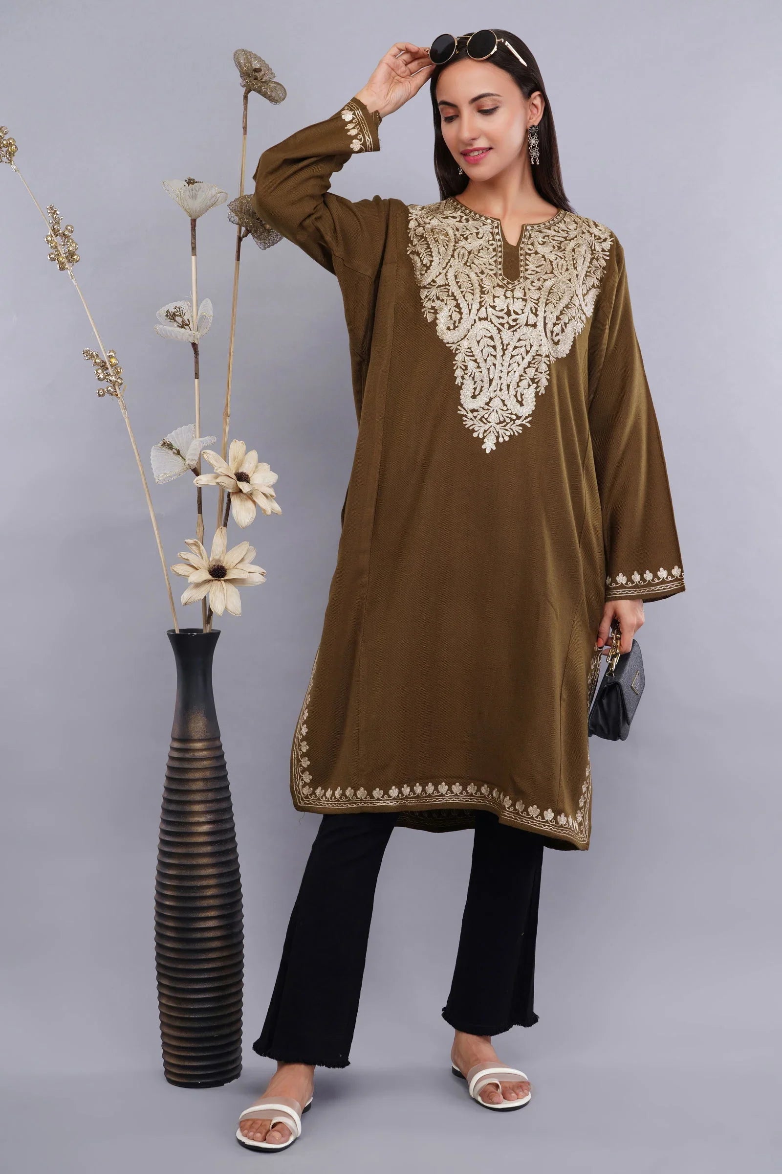 Brown Base Zari Metallic Gold Embroidered Kashmiri Pheran - Kashmiri Pheran