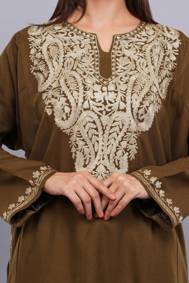 Brown Base Zari Metallic Gold Embroidered Kashmiri Pheran - Kashmiri Pheran
