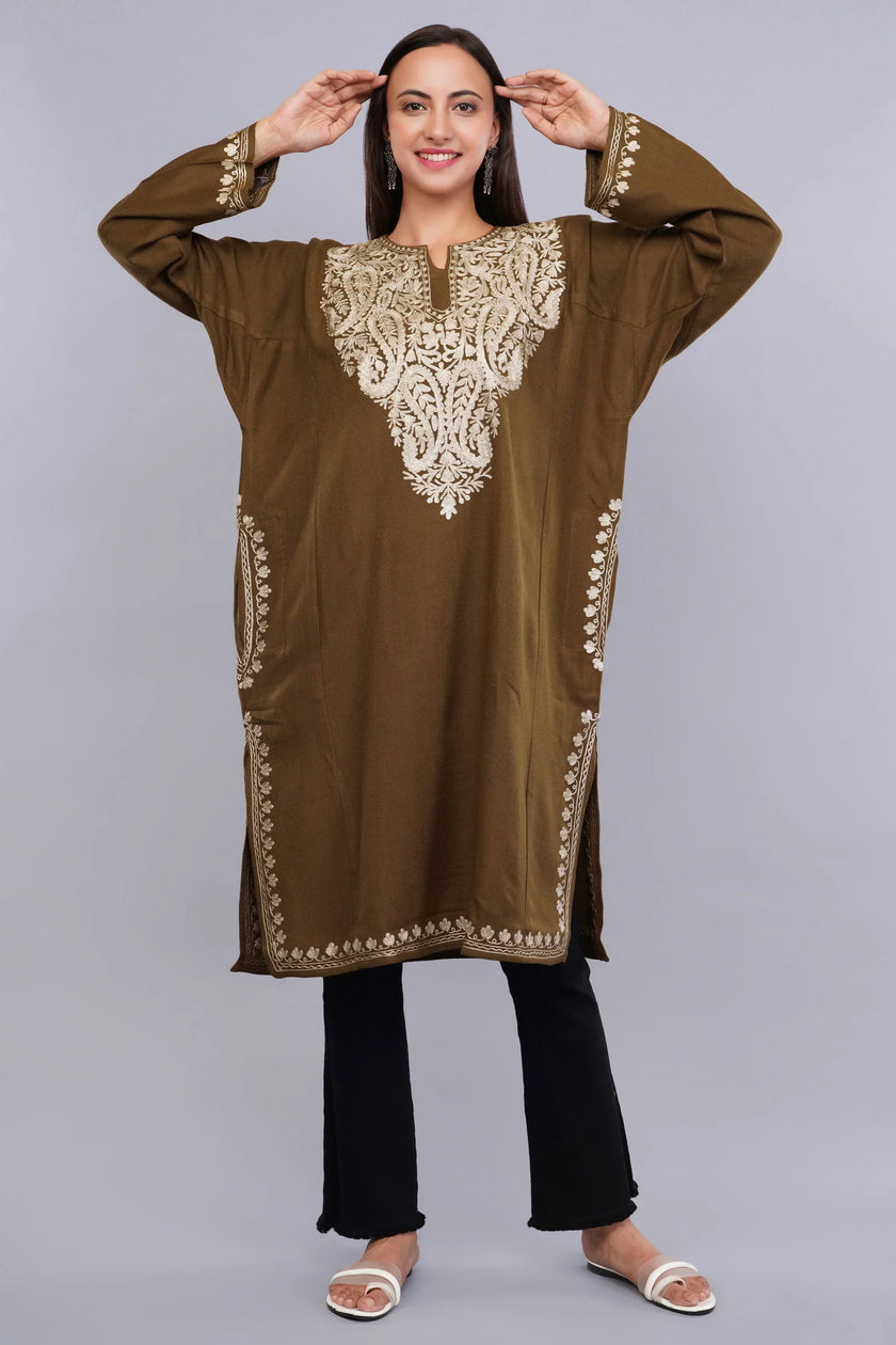 Brown Base Zari Metallic Gold Embroidered Kashmiri Pheran - Kashmiri Pheran