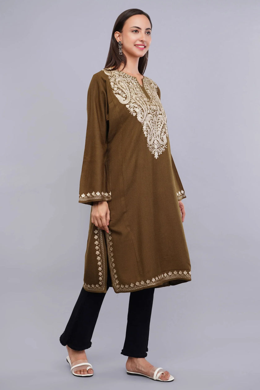 Brown Base Zari Metallic Gold Embroidered Kashmiri Pheran - Kashmiri Pheran