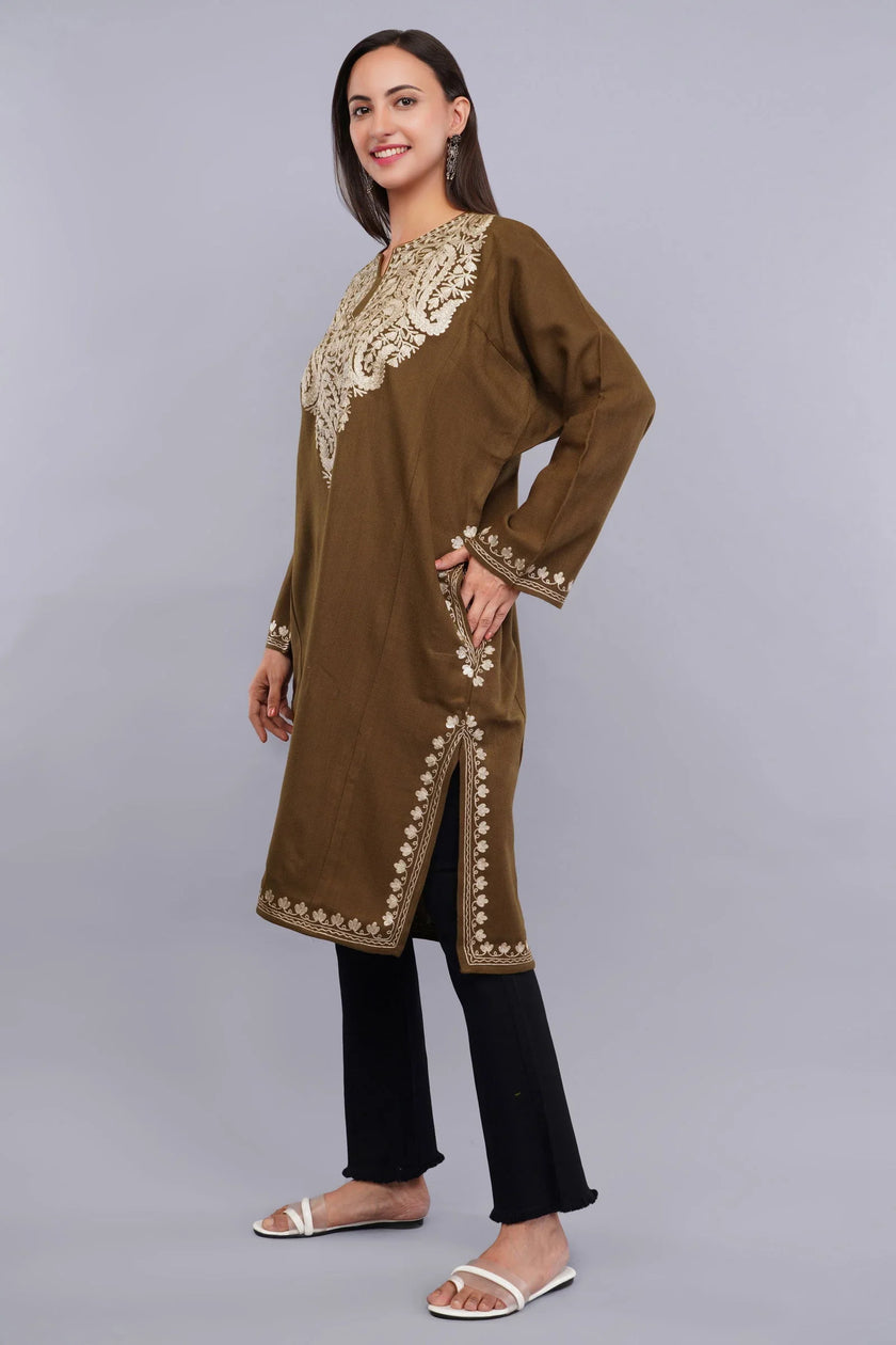 Brown Base Zari Metallic Gold Embroidered Kashmiri Pheran - Kashmiri Pheran