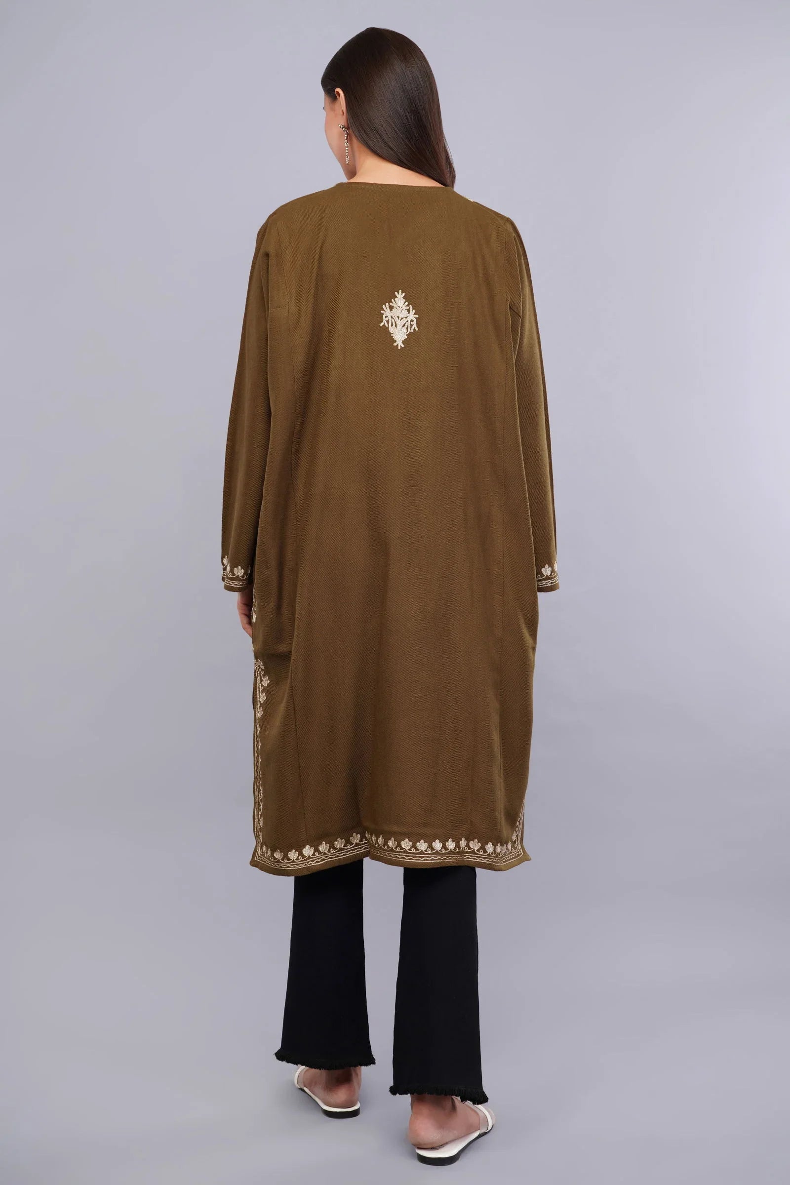 Brown Base Zari Metallic Gold Embroidered Kashmiri Pheran - Kashmiri Pheran