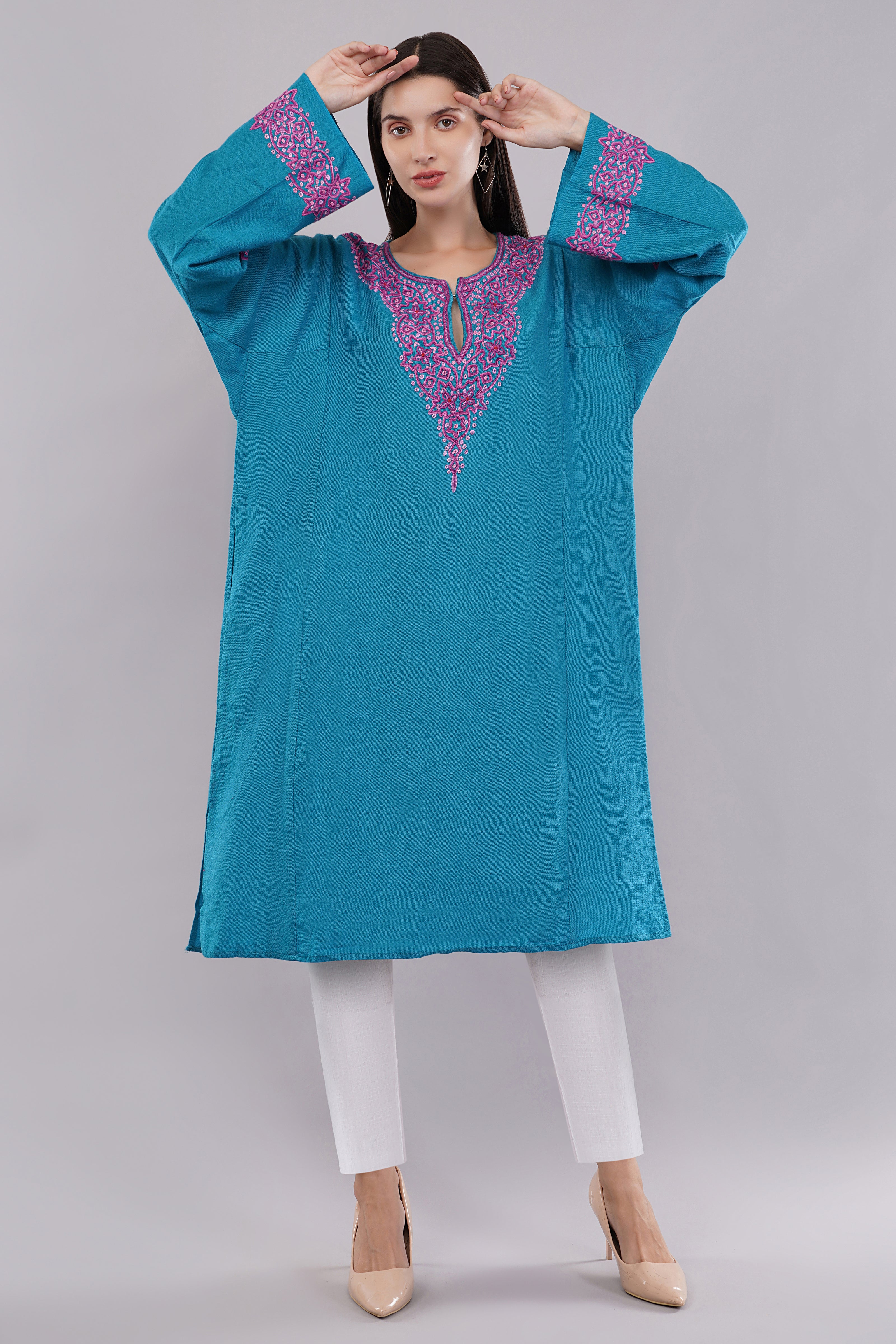 Curious Blue Kashmiri Woolen Pheran with Pink & Magenta Aari Embroidery