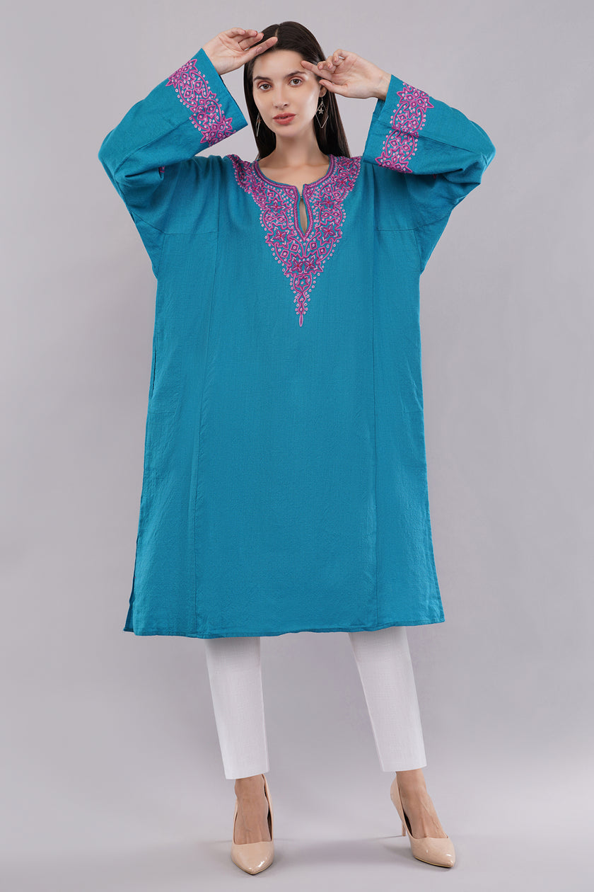 Curious Blue Kashmiri Woolen Pheran with Pink & Magenta Aari Embroidery
