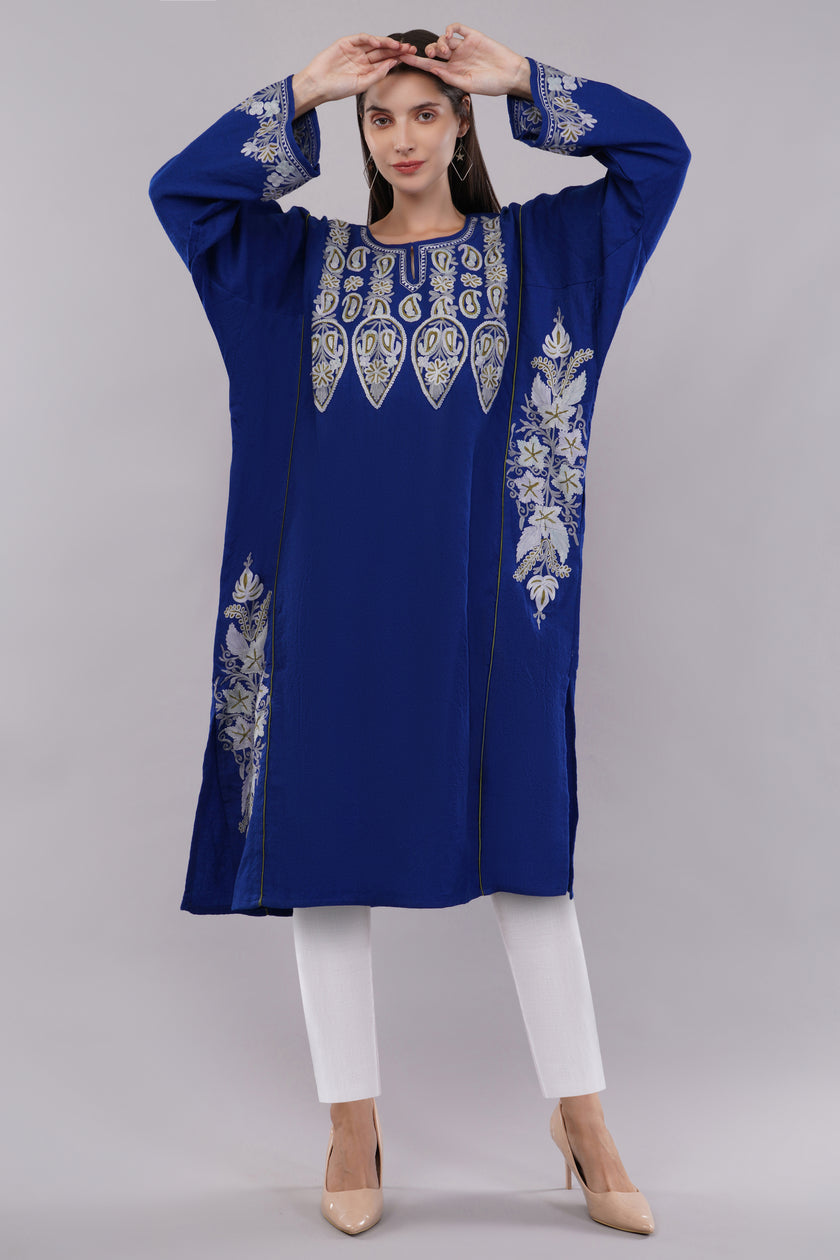 Royal Blue Kashmiri Pheran with Elegant Aari Embroidery