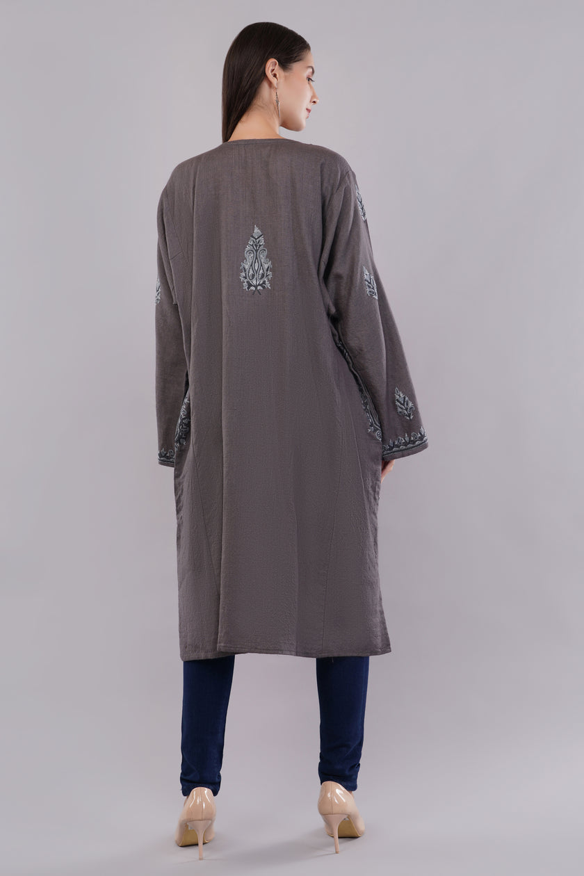 Smokey Grey Kashmiri Woolen Pheran with Aari Embroidery in Shades of Grey