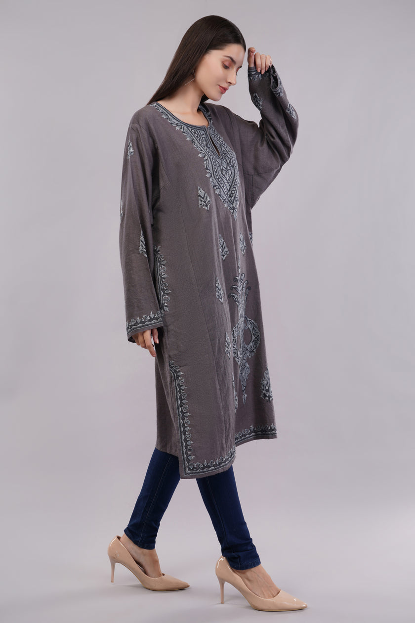 Smokey Grey Kashmiri Woolen Pheran with Aari Embroidery in Shades of Grey
