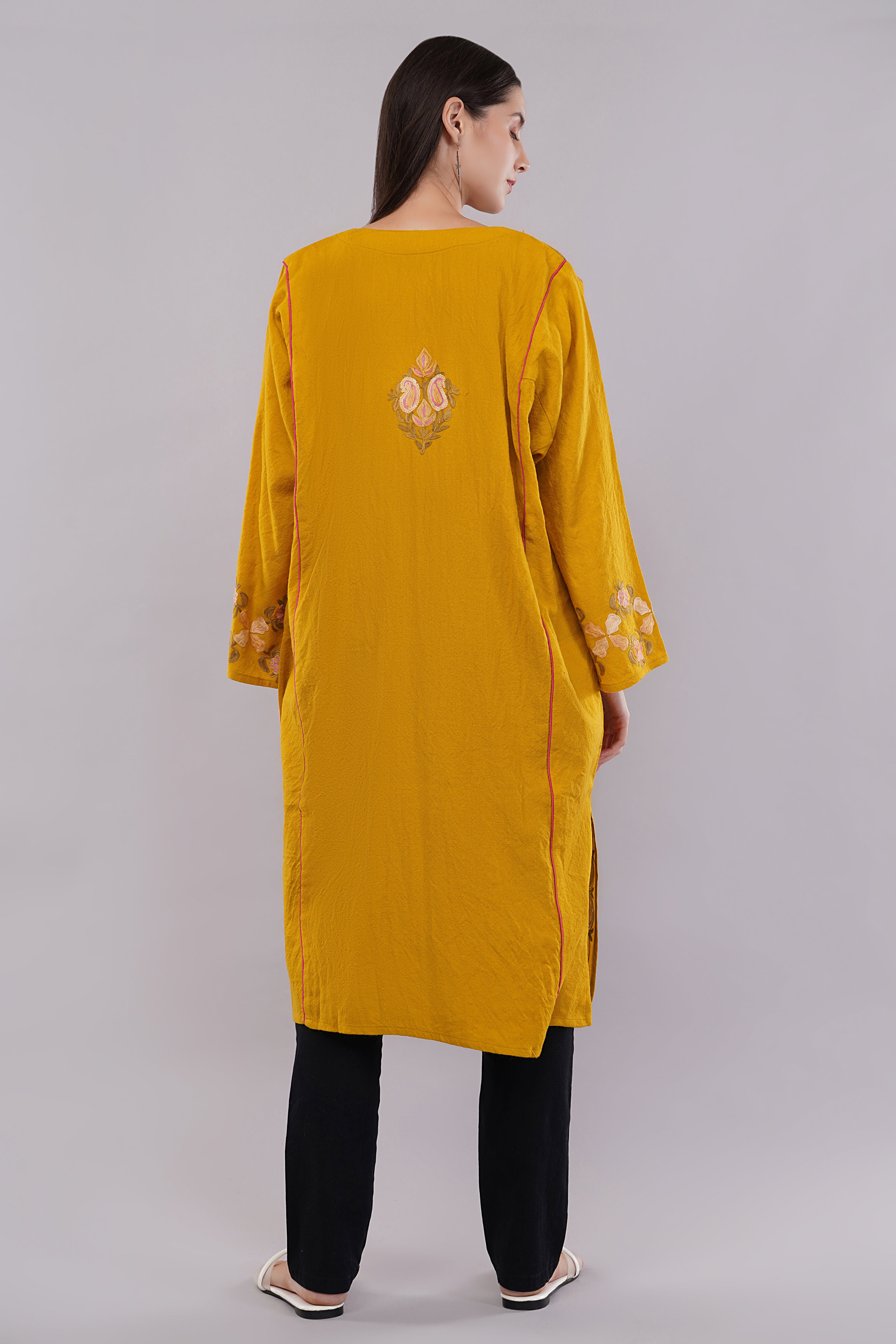 Mustard Yellow Kashmiri Pheran with Delicate Aari Embroidery
