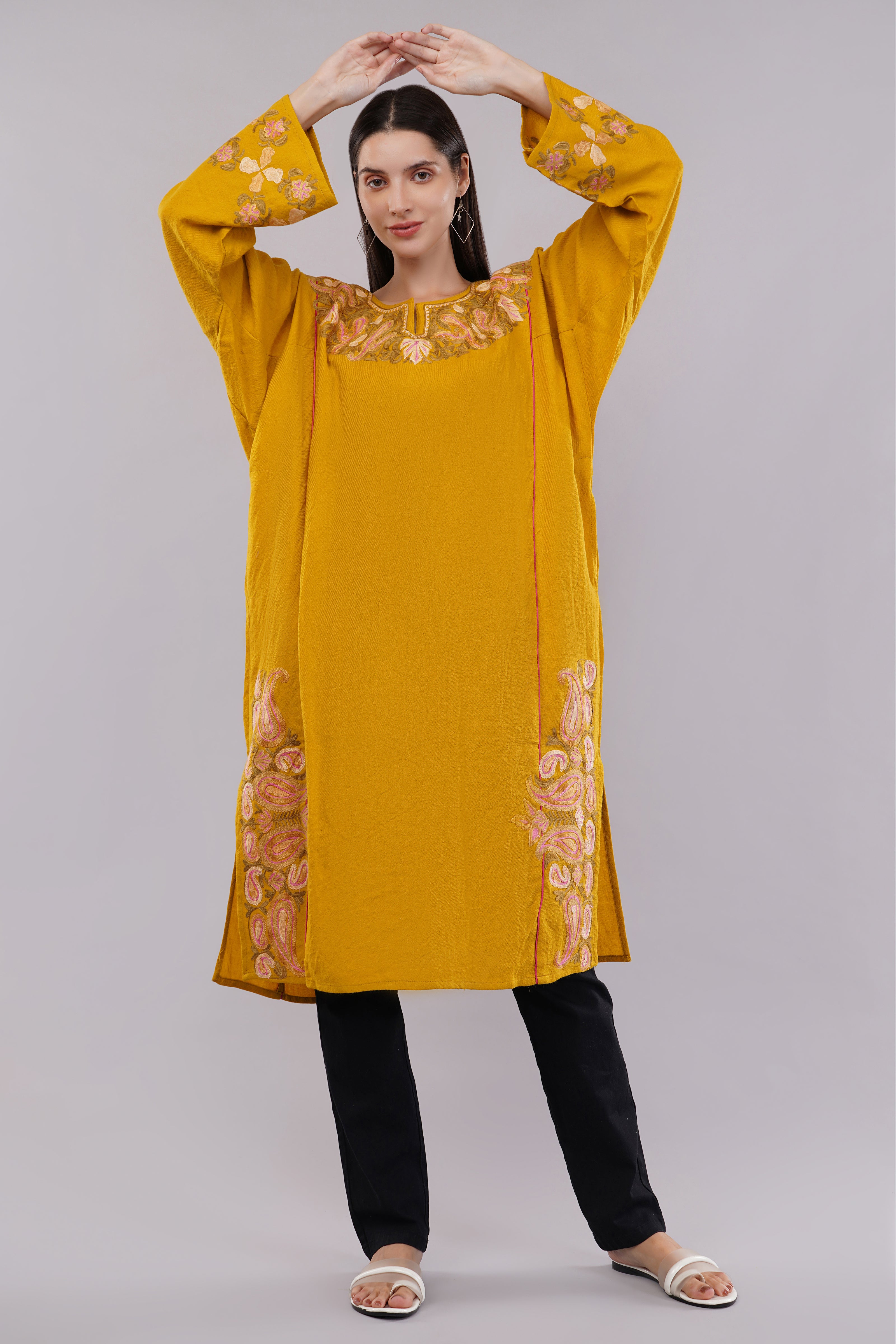 Mustard Yellow Kashmiri Pheran with Delicate Aari Embroidery