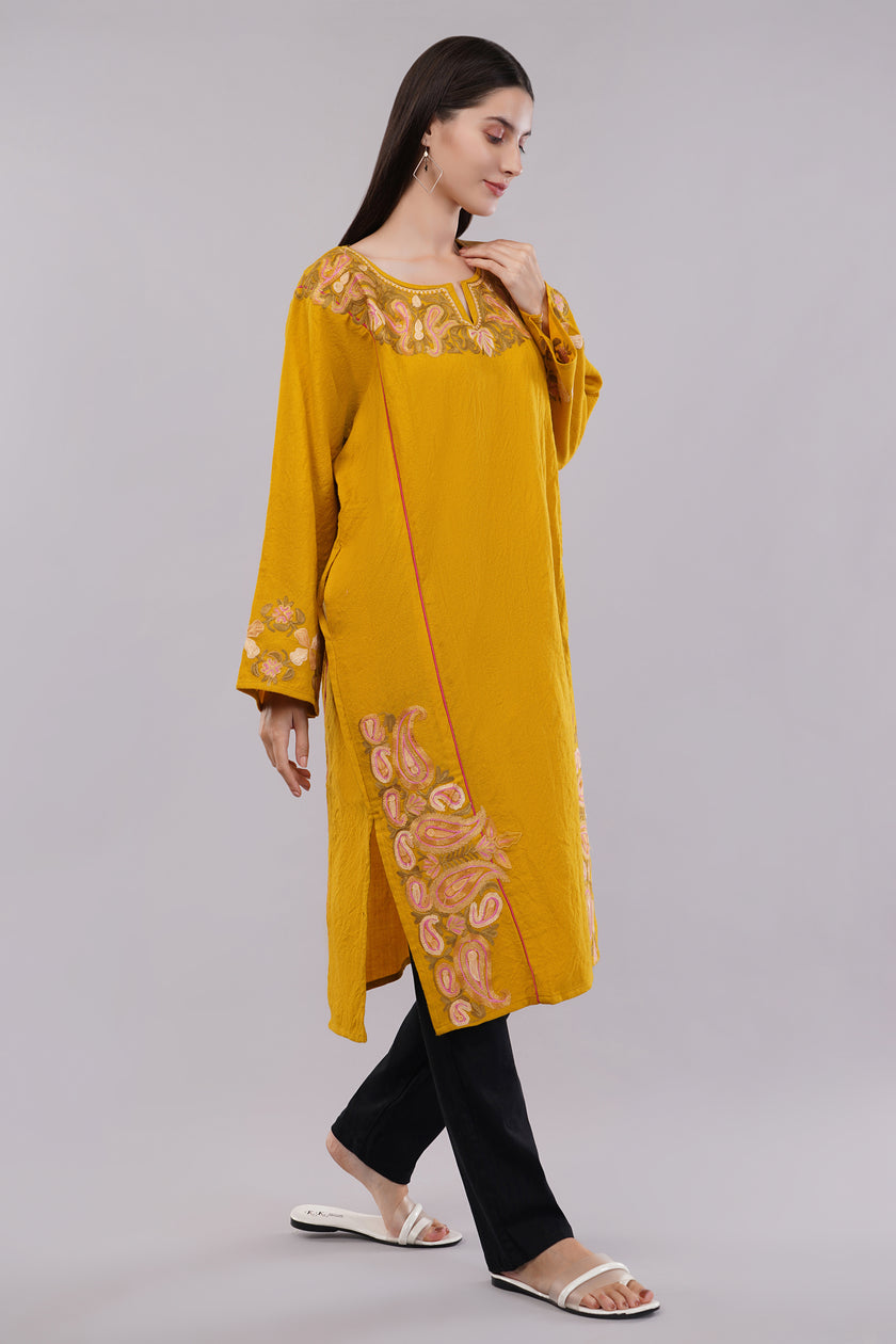 Mustard Yellow Kashmiri Pheran with Delicate Aari Embroidery