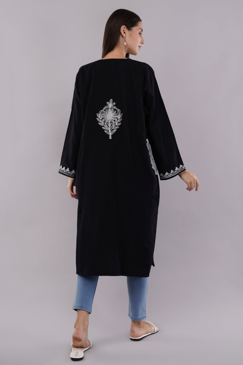 Midnight Black Kashmiri Pheran with Silver Zari Embroidery