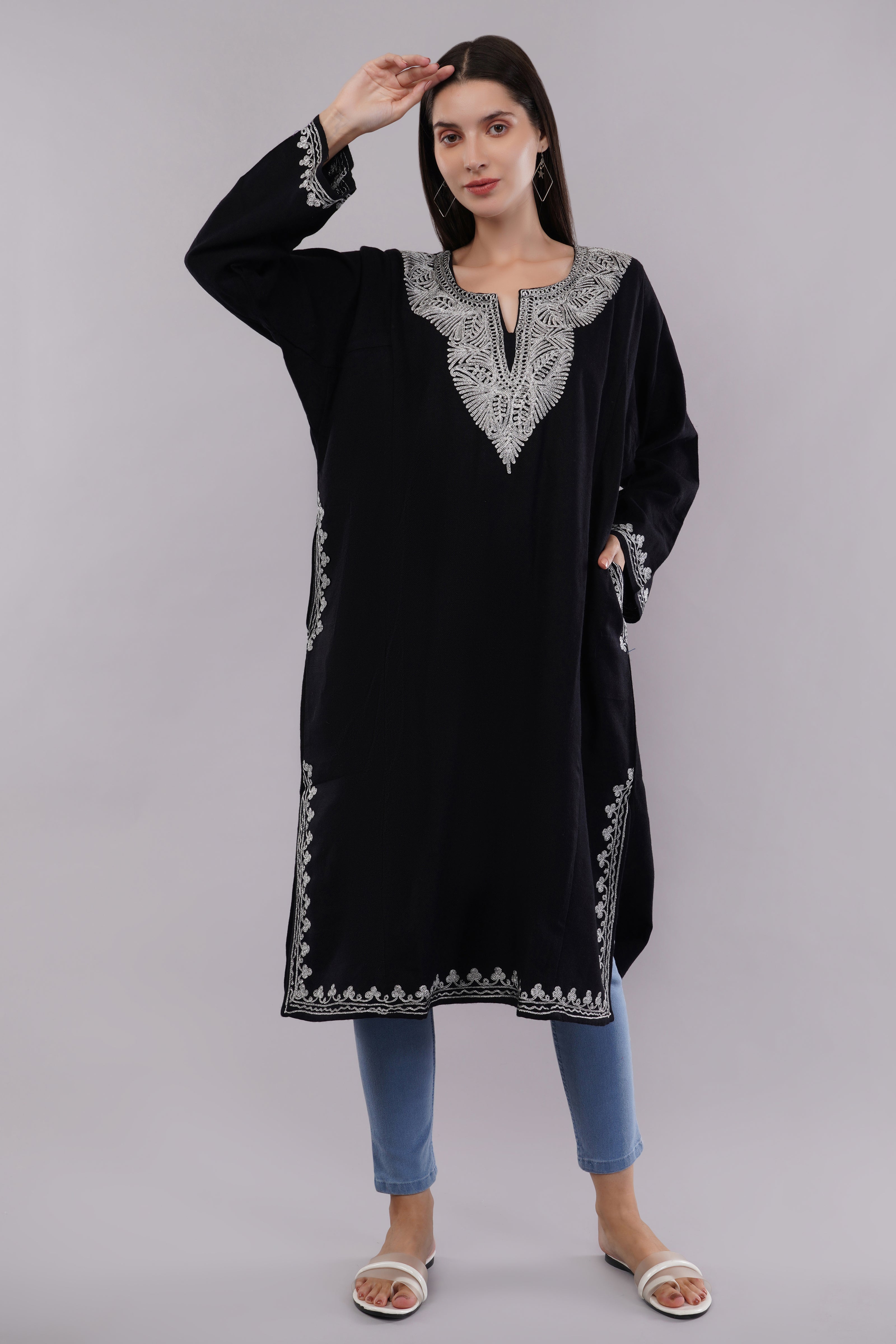 Midnight Black Kashmiri Pheran with Silver Zari Embroidery