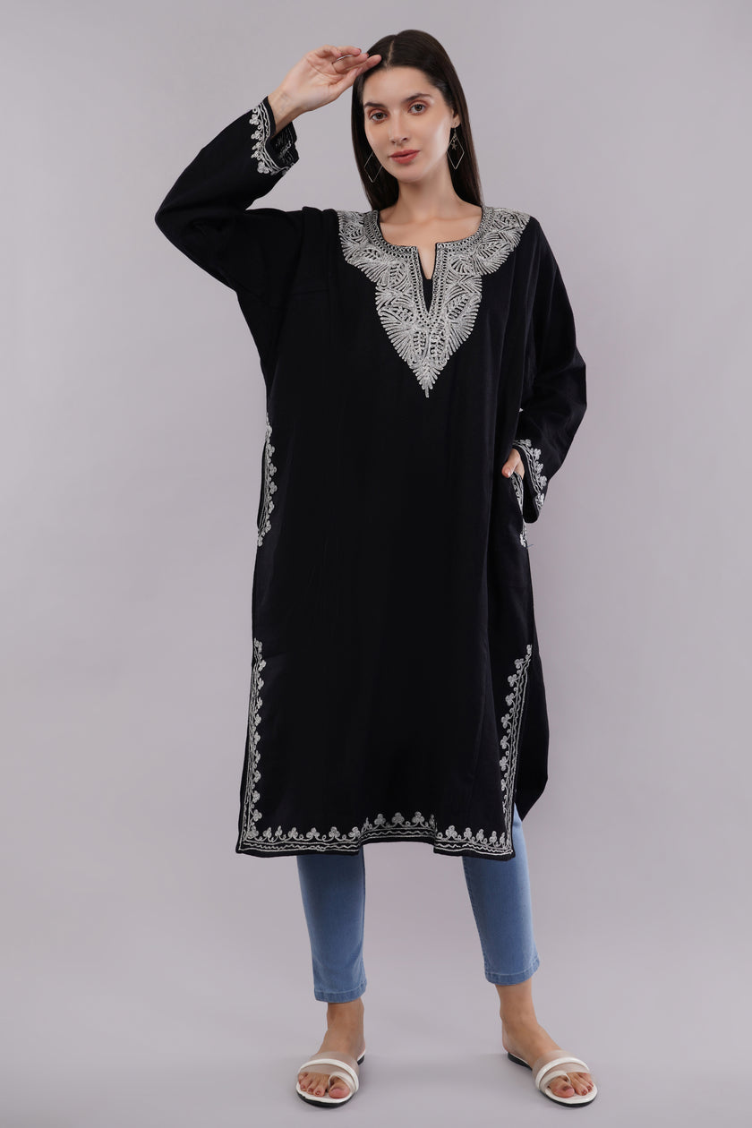 Midnight Black Kashmiri Pheran with Silver Zari Embroidery
