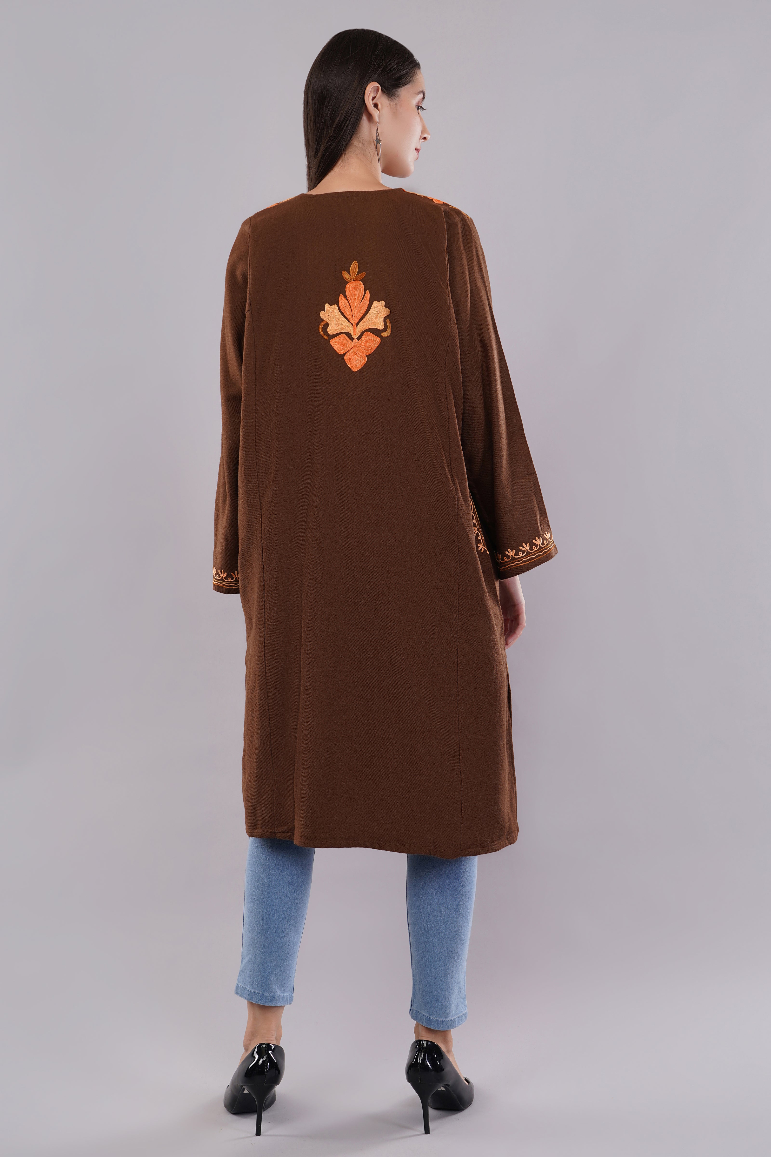 Chocolate Brown Aari Embroidered Pheran