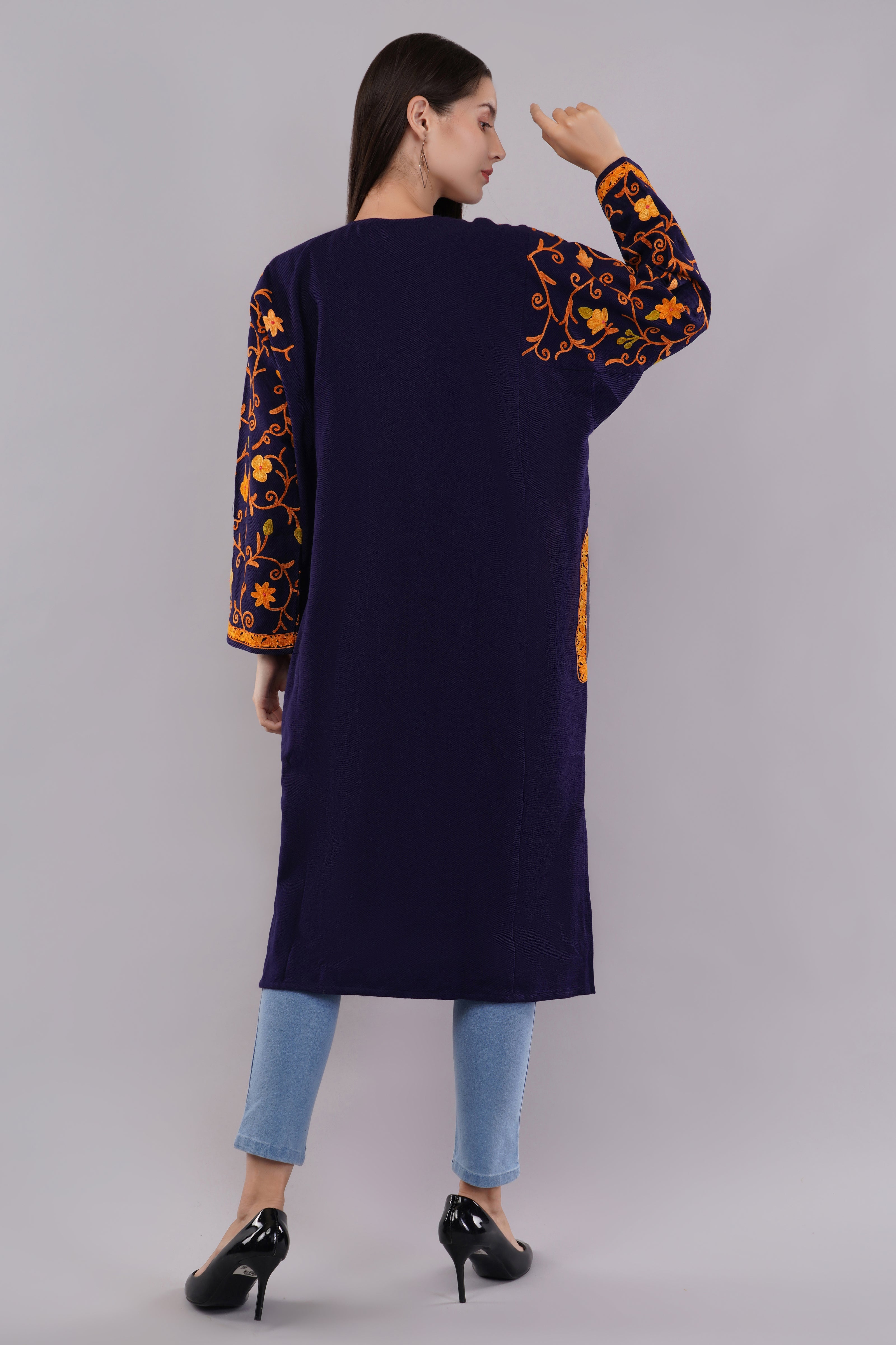 Dark Indigo Blue Kashmiri Pheran with Full Jamwar Aari Embroidery